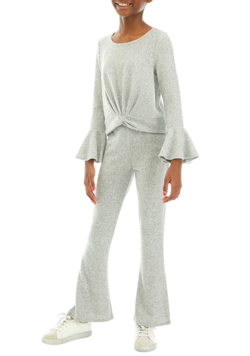 Girls 7-16 Bell Sleeve Twist Top and Flare Pants Set