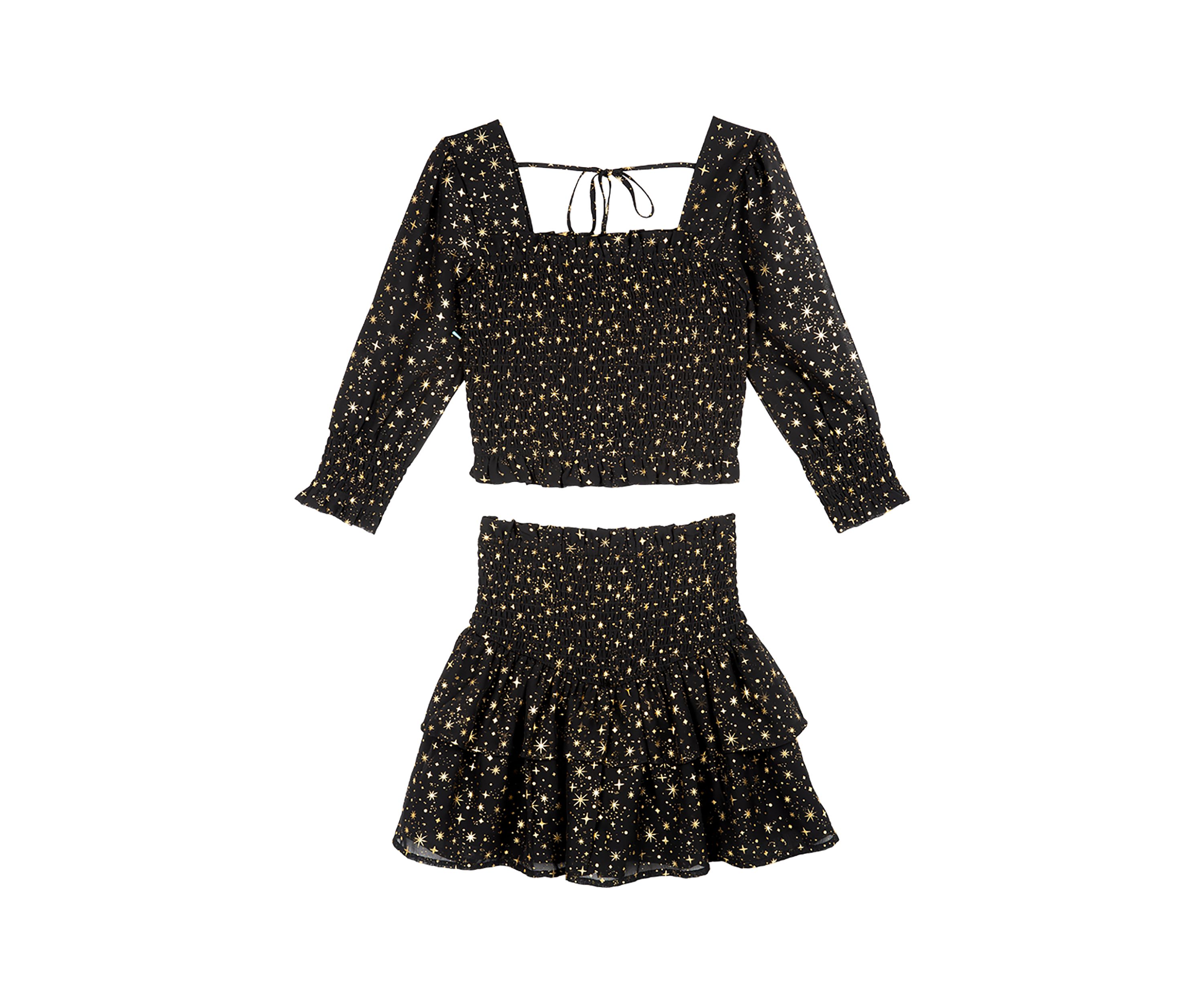 Girls 7-16 Foil Printed Chiffon Smocked Top and Skirt Set