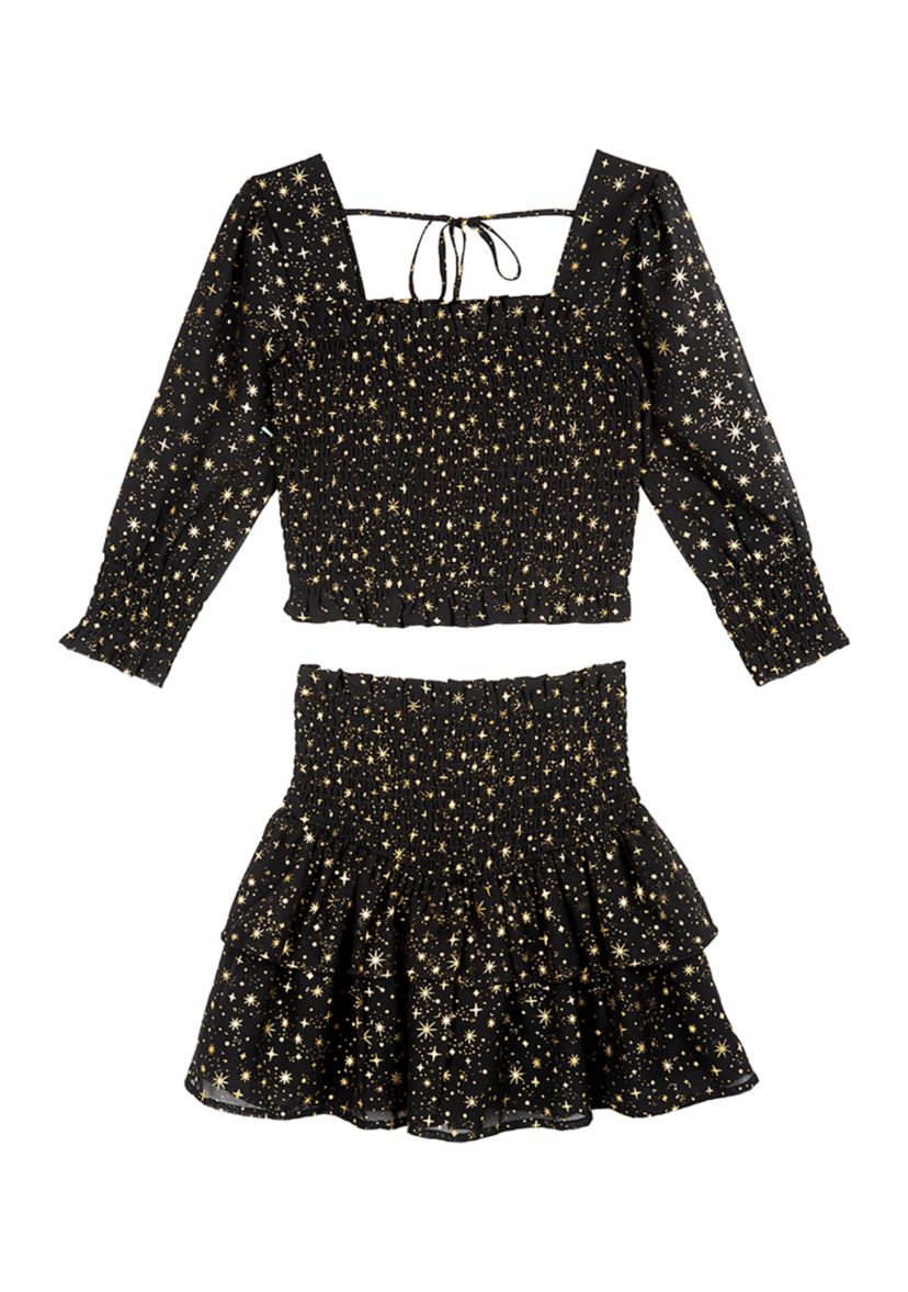 Girls 7-16 Foil Printed Chiffon Smocked Top and Skirt Set