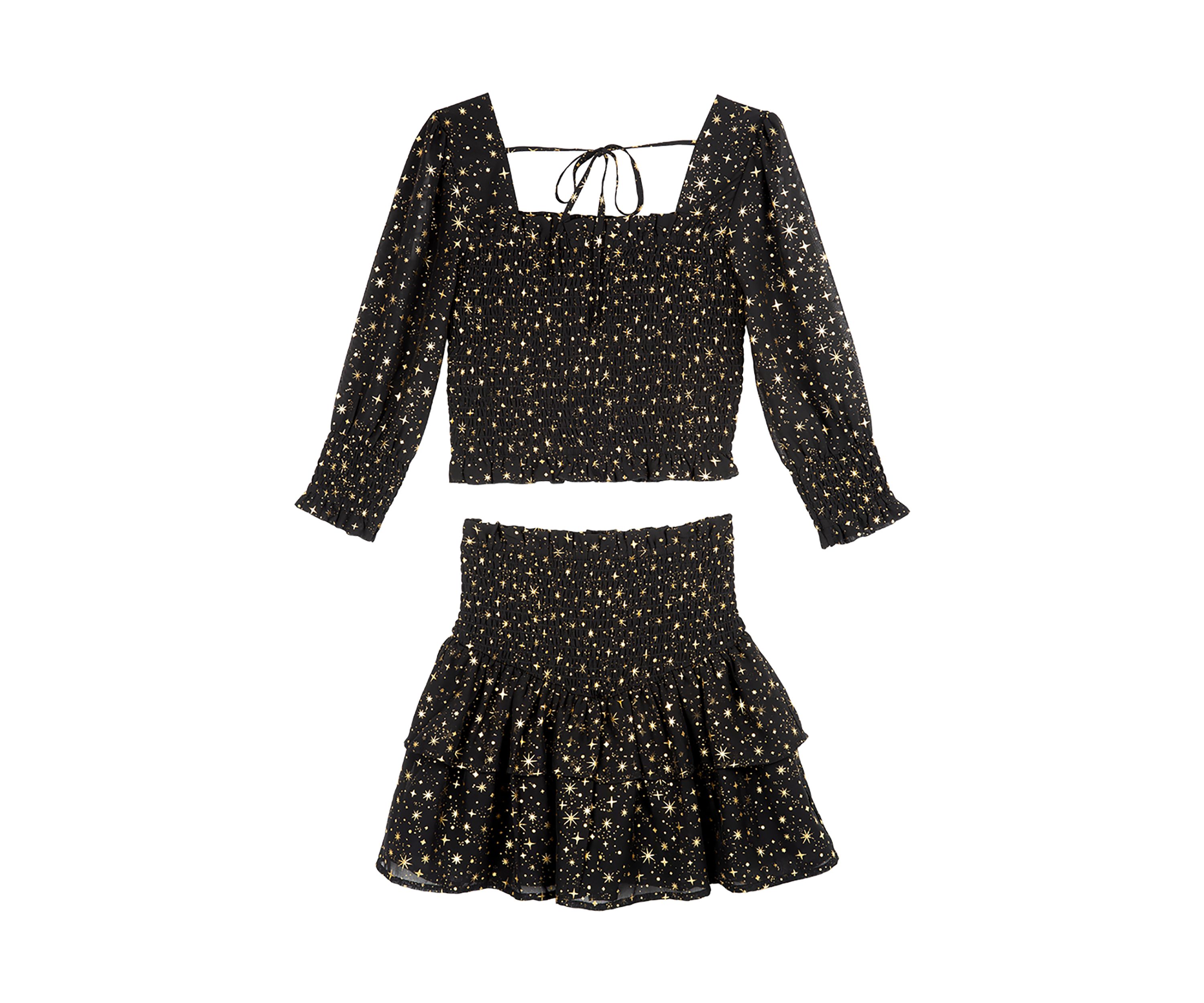 Girls 7-16 Foil Printed Chiffon Smocked Top and Skirt Set