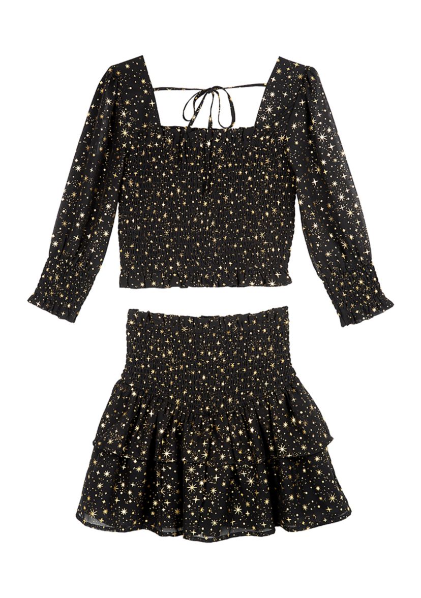 Girls 7-16 Foil Printed Chiffon Smocked Top and Skirt Set
