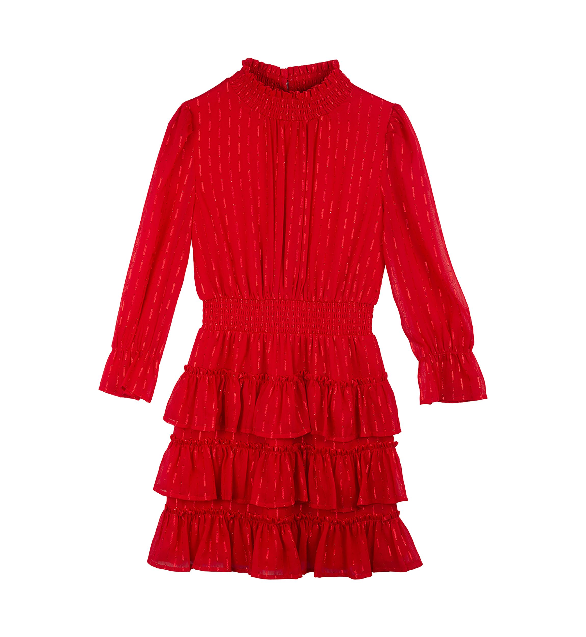 Girls 7-16 Long Sleeve Lurex Chiffon Tiered Dress with Smocking