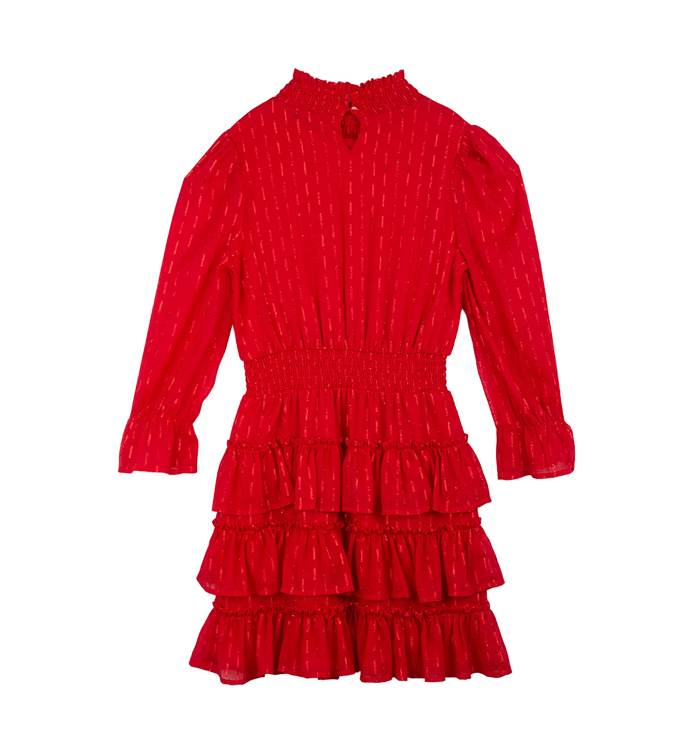 Girls 7-16 Long Sleeve Lurex Chiffon Tiered Dress with Smocking