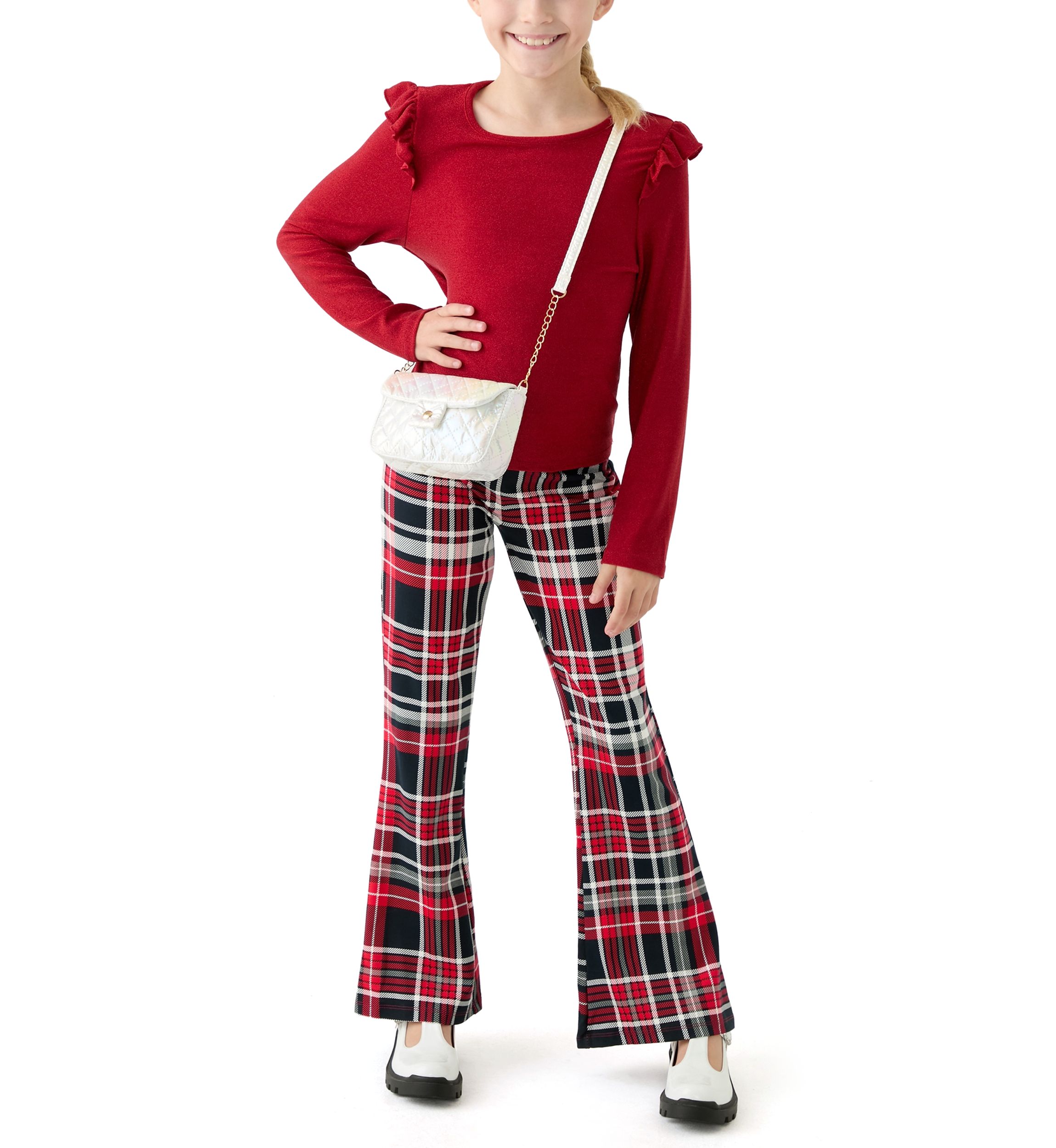 Girls 7-16 Ribbed Knit Top and Printed Flare Pants Set