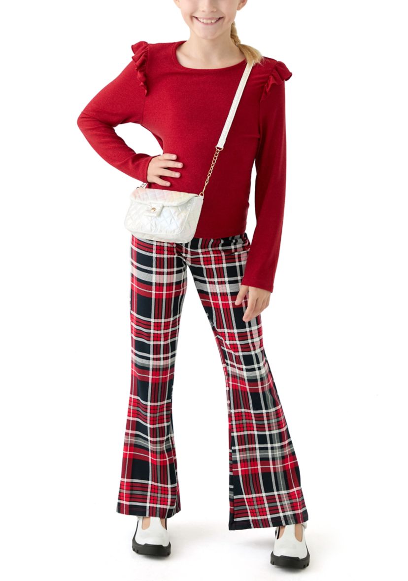 Girls 7-16 Ribbed Knit Top and Printed Flare Pants Set