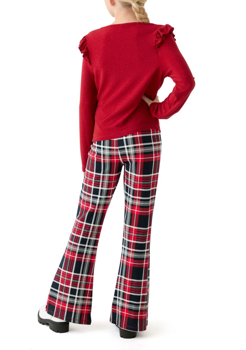 Girls 7-16 Ribbed Knit Top and Printed Flare Pants Set