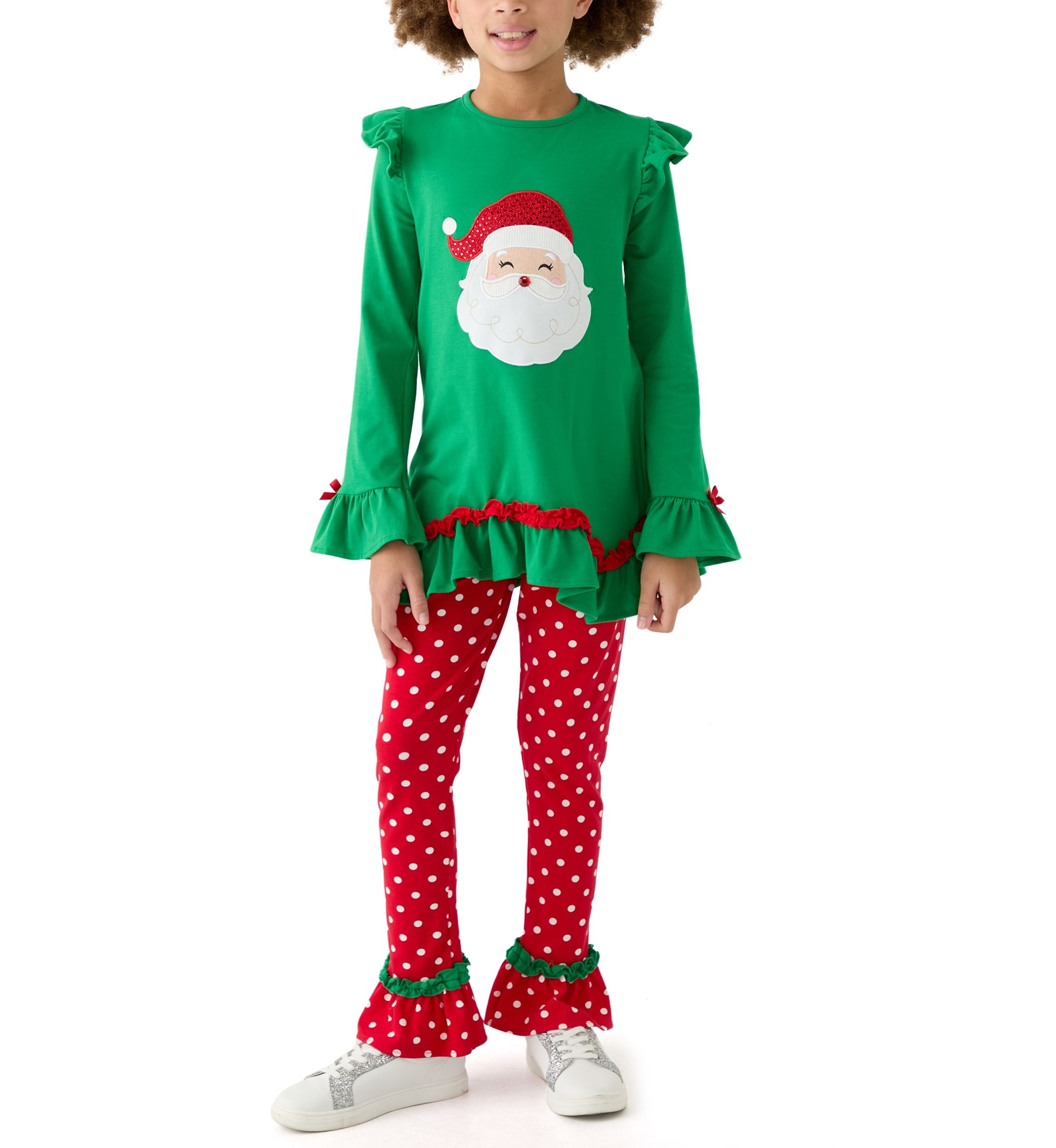 Girls 7-16 Santa Appliqué Knit Top and Printed Leggings Set