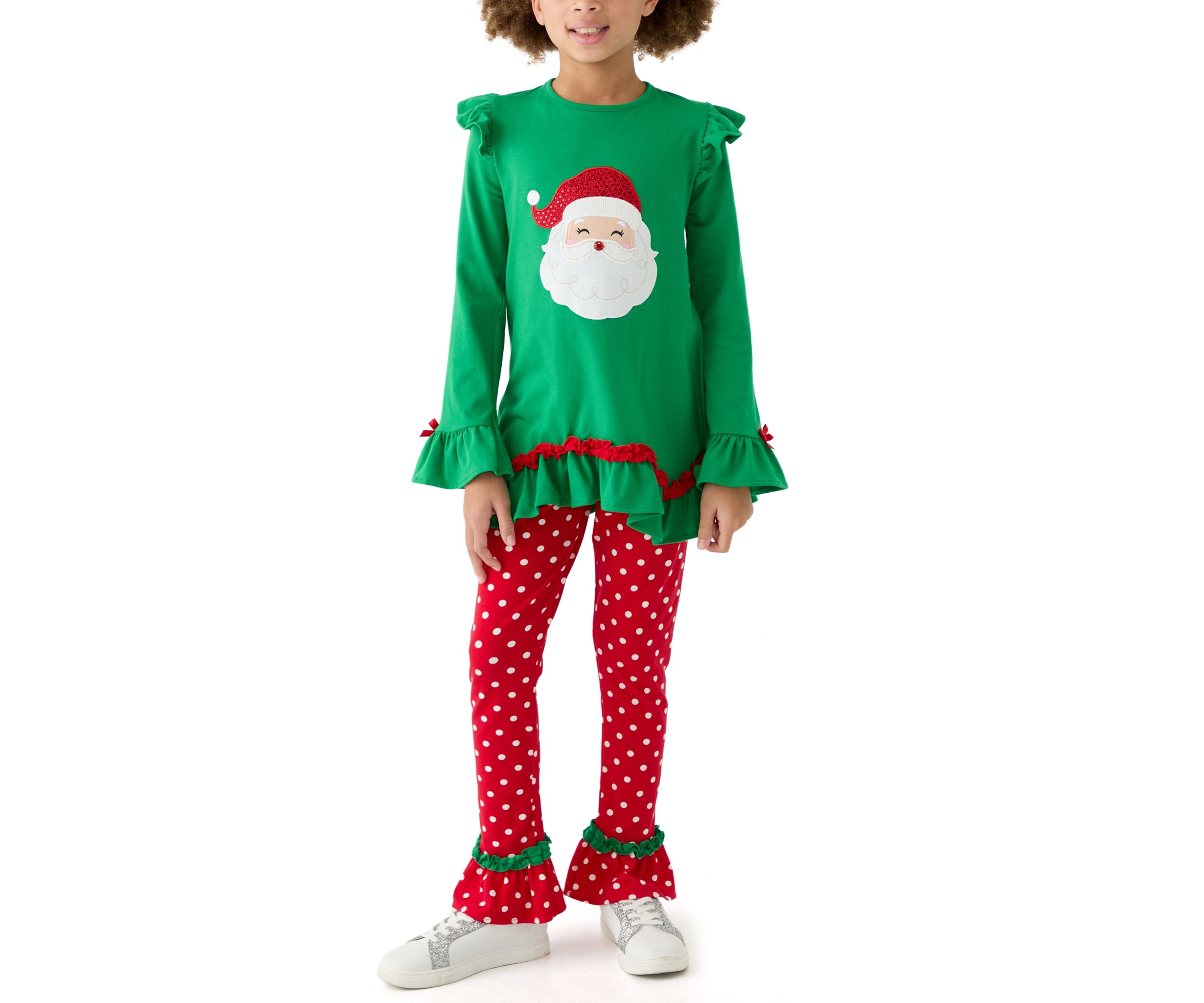 Girls 7-16 Santa Appliqué Knit Top and Printed Leggings Set