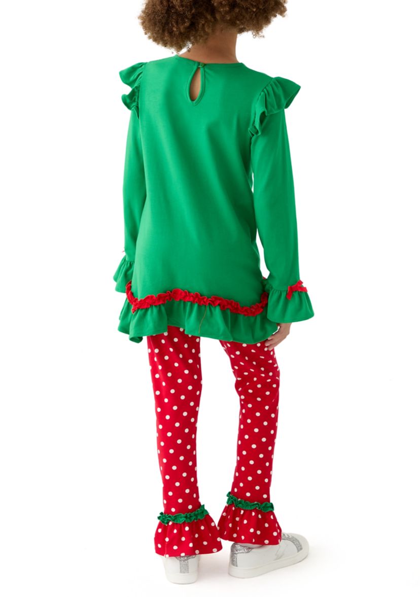 Girls 7-16 Santa Appliqué Knit Top and Printed Leggings Set