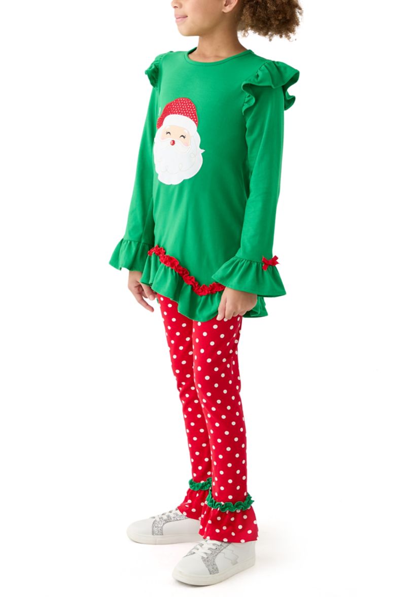 Girls 7-16 Santa Appliqué Knit Top and Printed Leggings Set