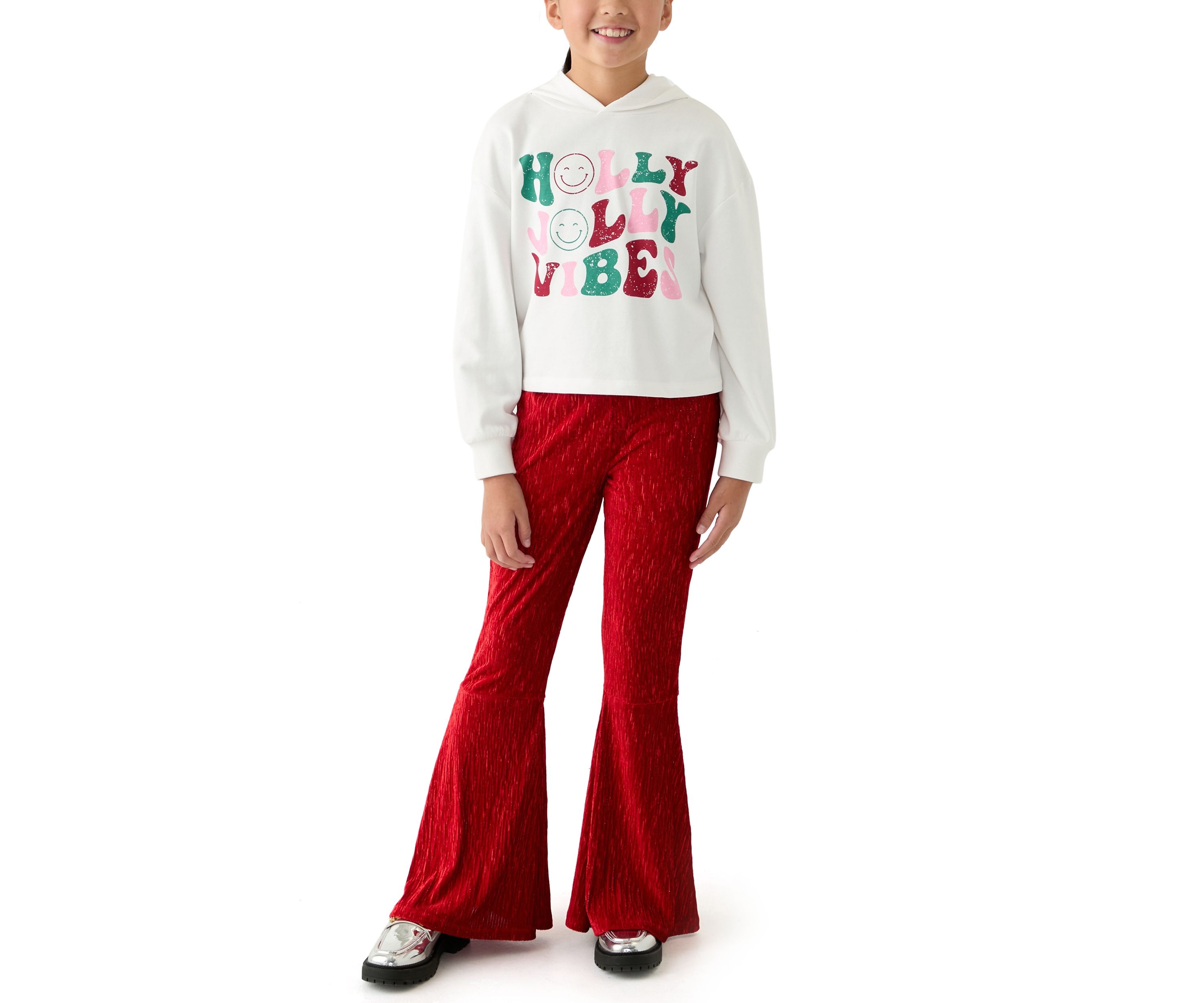 Girls 7-16 2 Piece Graphic Hoodie and Textured Velvet Flare Pants