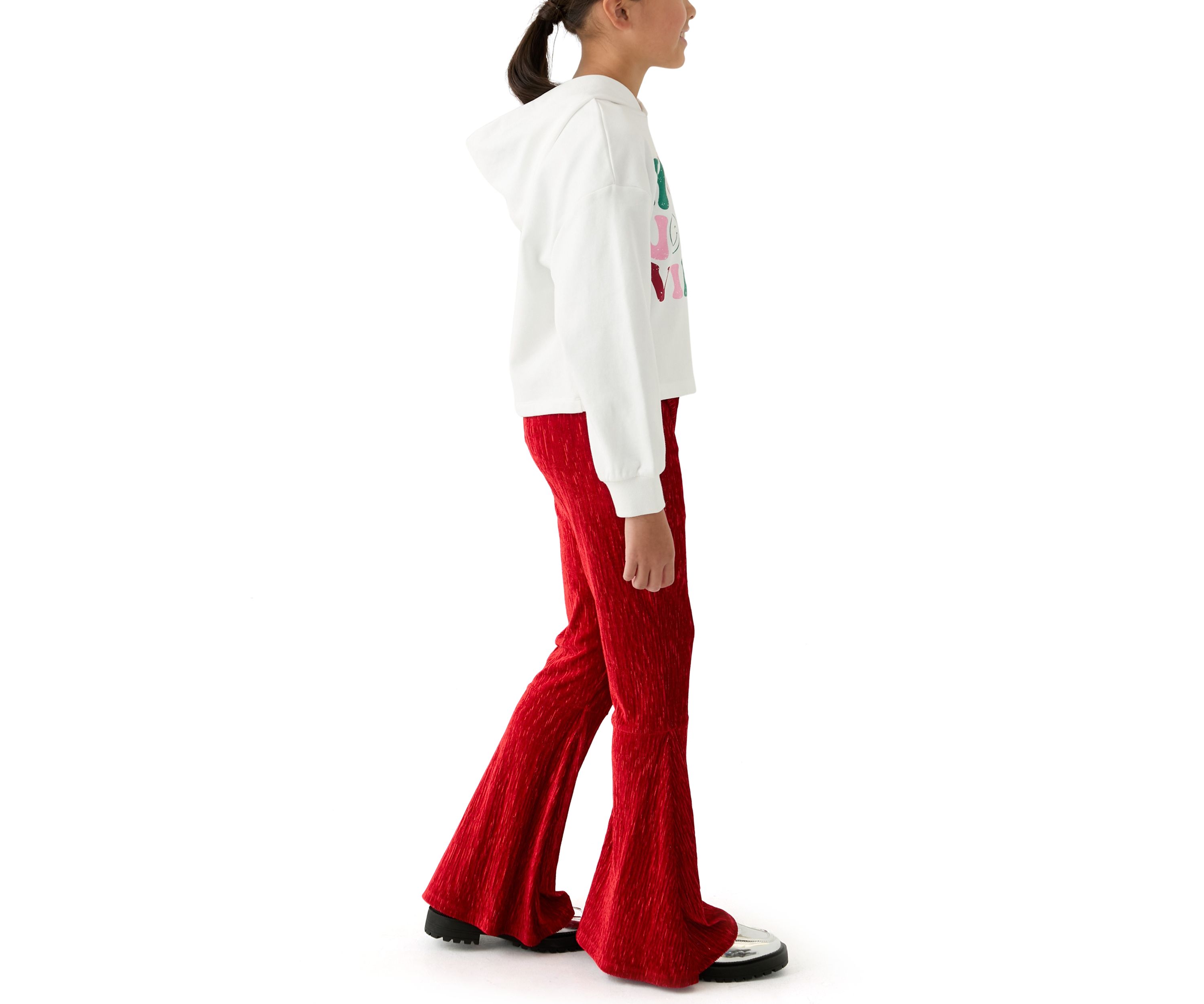 Girls 7-16 2 Piece Graphic Hoodie and Textured Velvet Flare Pants