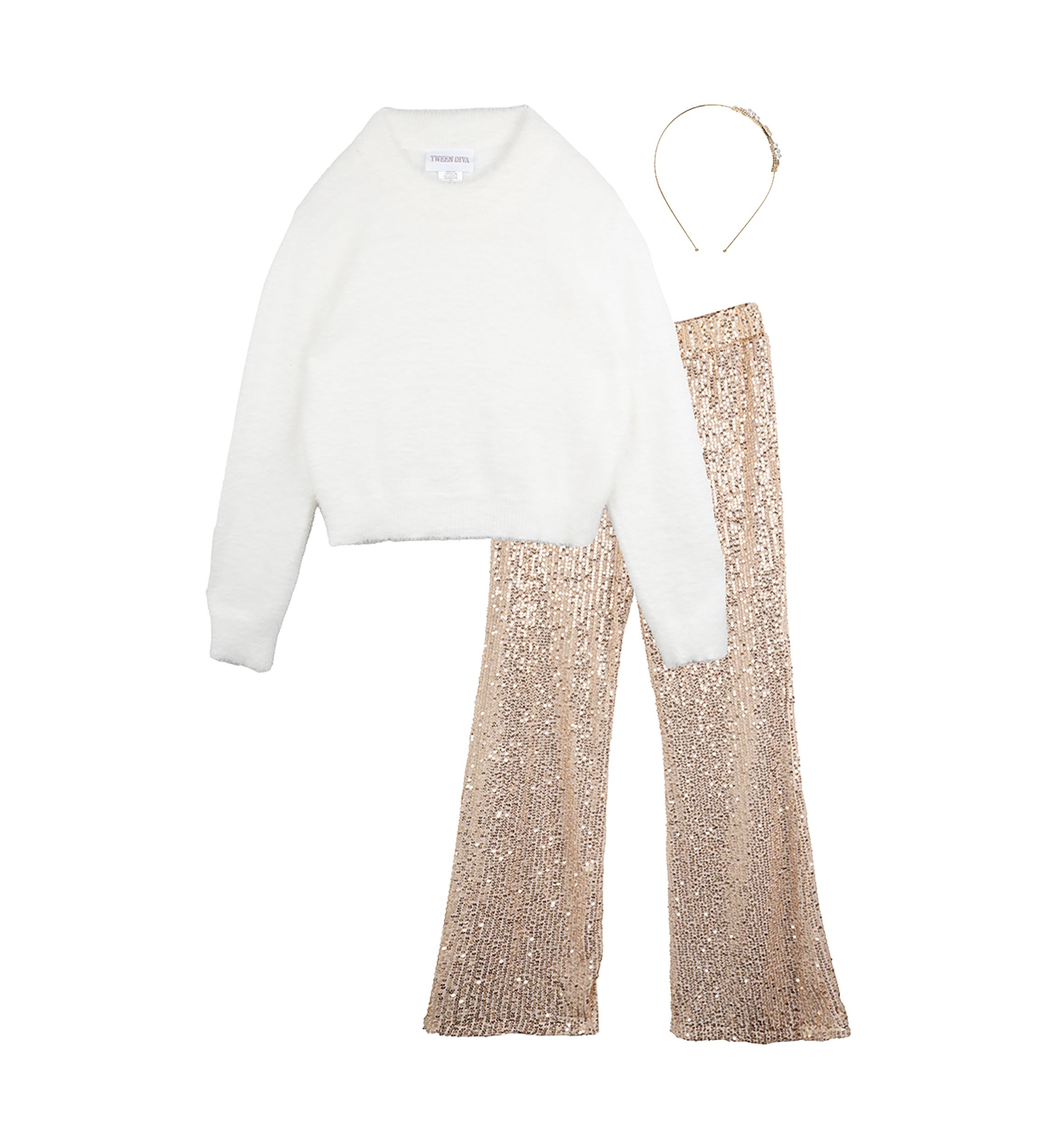 Girls 7-16 Fuzzy Sweater and Sequin Pants with Headband Set