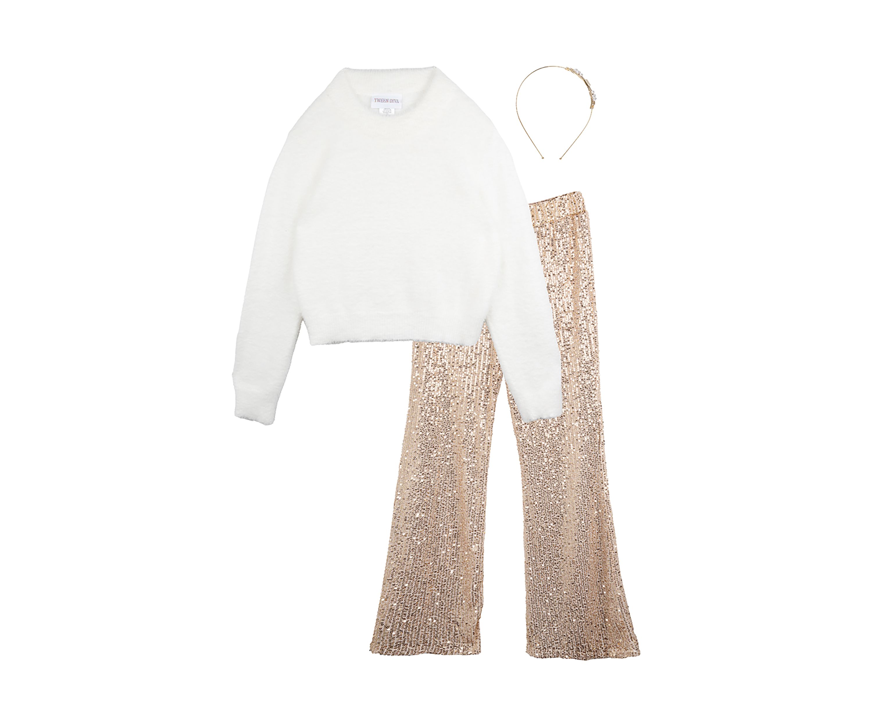 Girls 7-16 Fuzzy Sweater and Sequin Pants with Headband Set