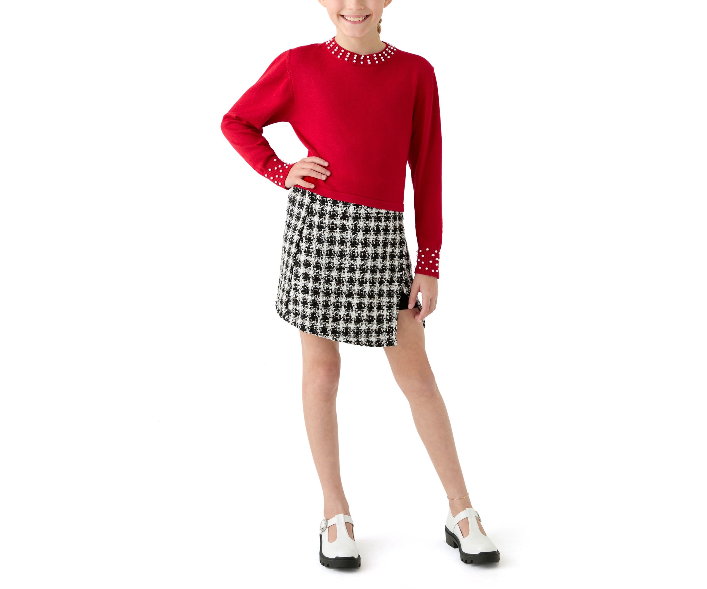 Girls 7-16 Pearl Embellished Sweater and Printed Skort Set