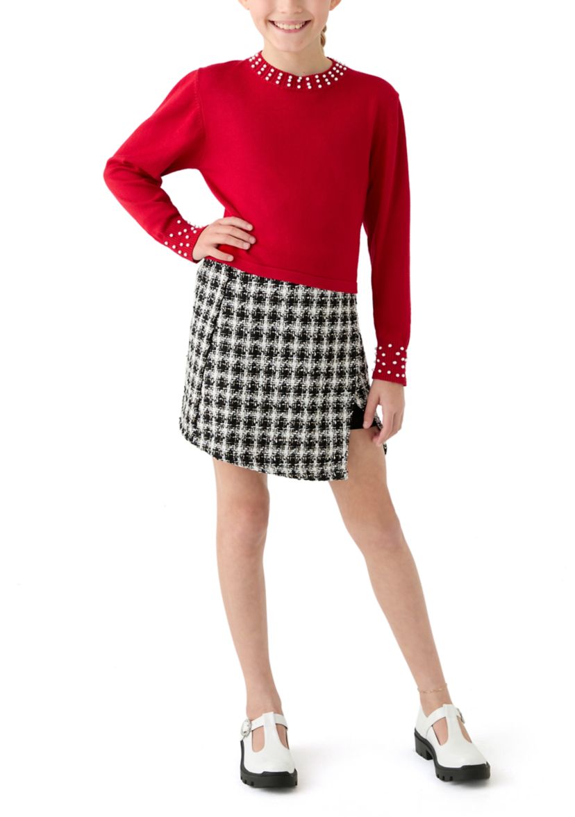 Girls 7-16 Pearl Embellished Sweater and Printed Skort Set