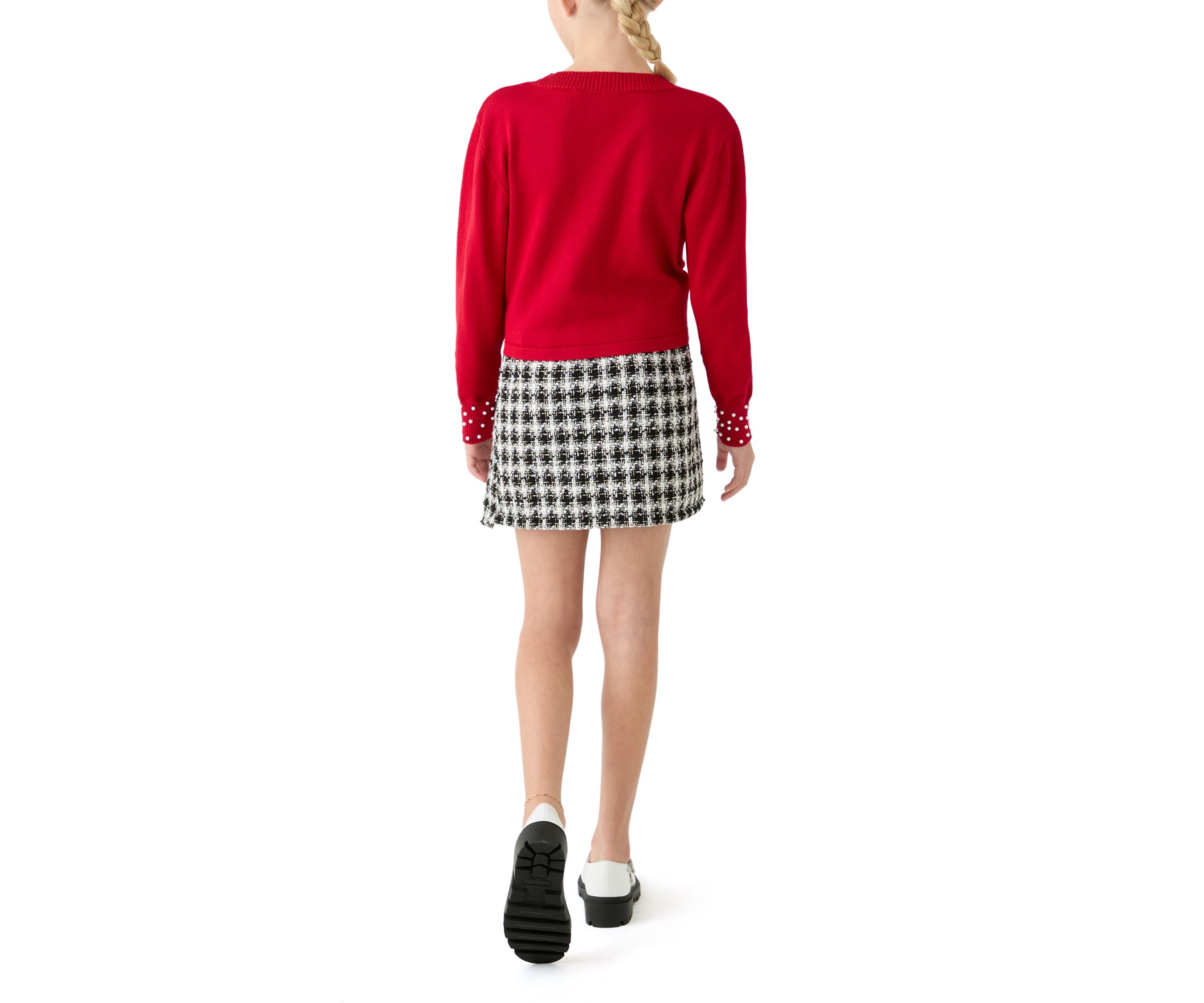 Girls 7-16 Pearl Embellished Sweater and Printed Skort Set