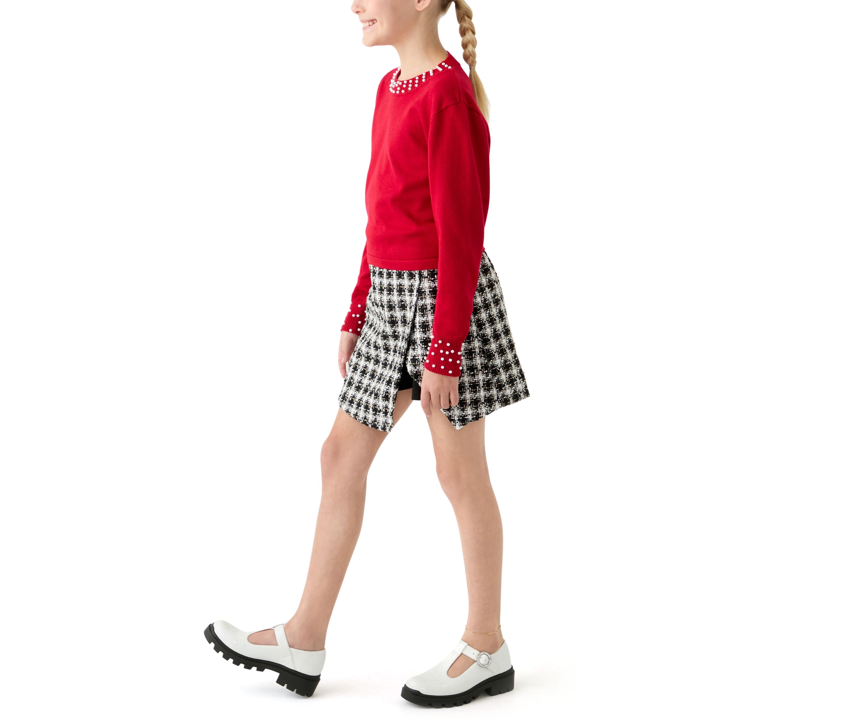 Girls 7-16 Pearl Embellished Sweater and Printed Skort Set