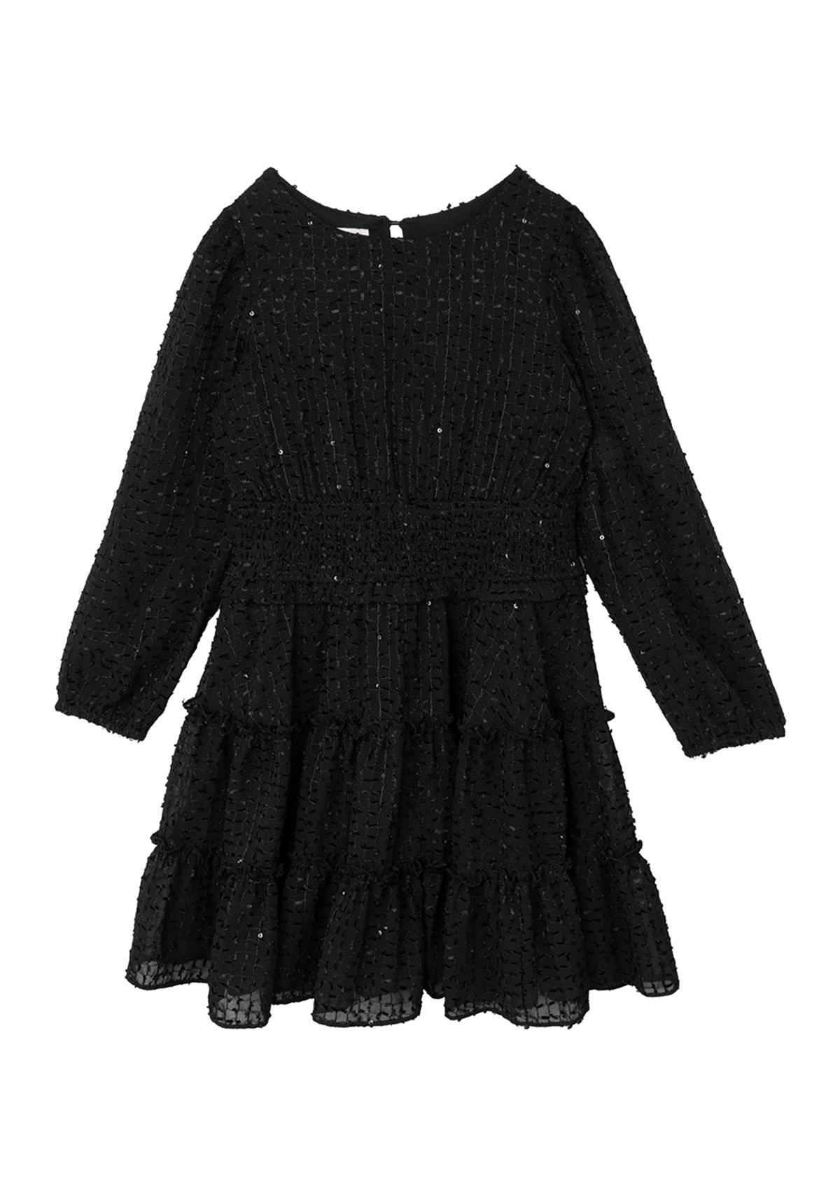 Girls 7-16 Fringe Sequin Clip Dot Smocked Chiffon Dress