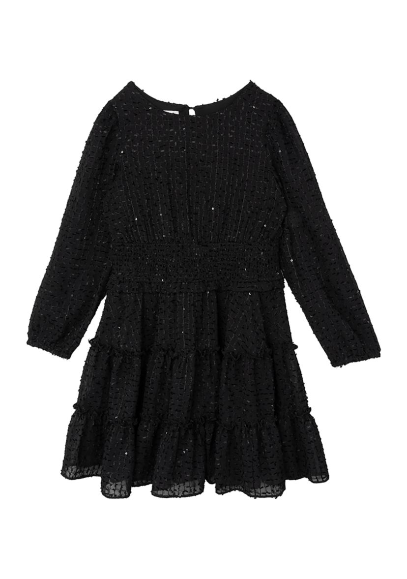 Girls 7-16 Fringe Sequin Clip Dot Smocked Chiffon Dress