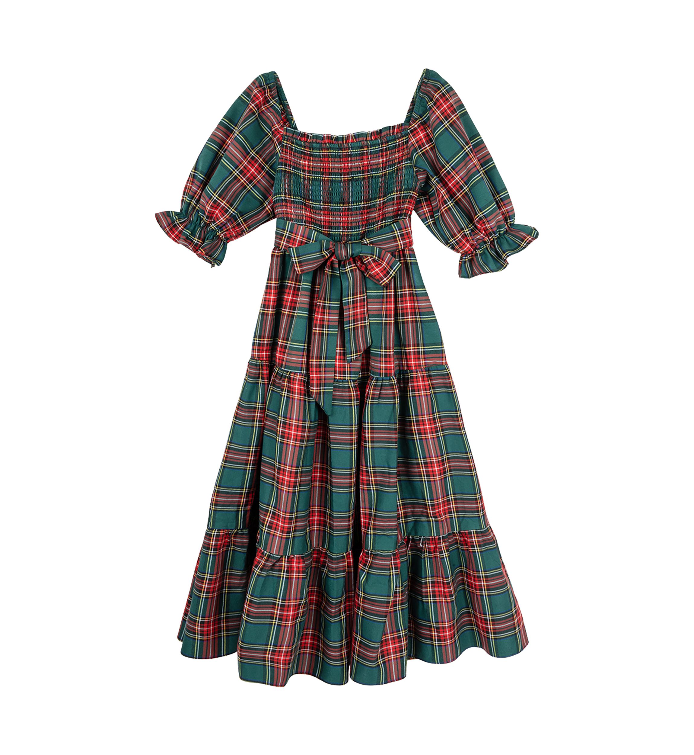 Girls 7-16 Woven Christmas Plaid Printed Smocked Maxi Dress