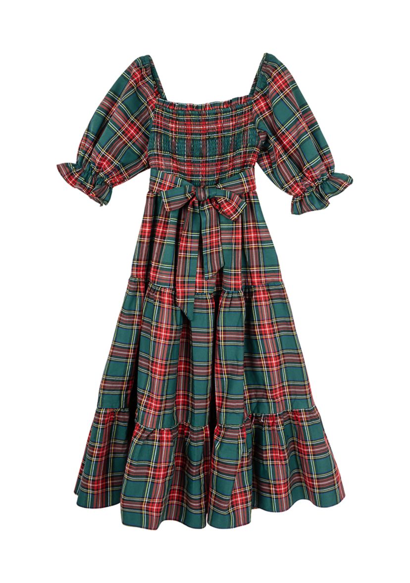 Girls 7-16 Woven Christmas Plaid Printed Smocked Maxi Dress