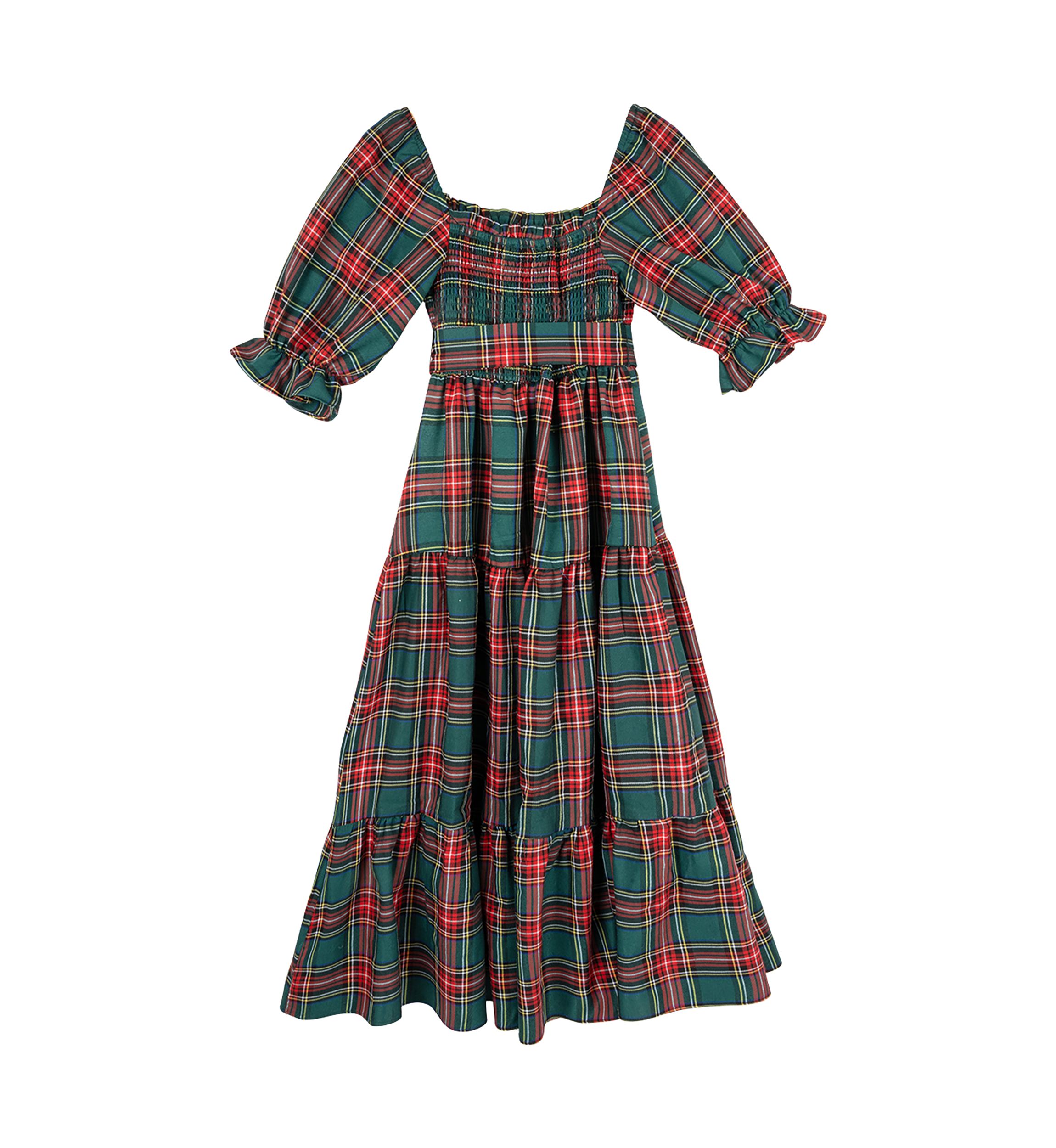Girls 7-16 Woven Christmas Plaid Printed Smocked Maxi Dress