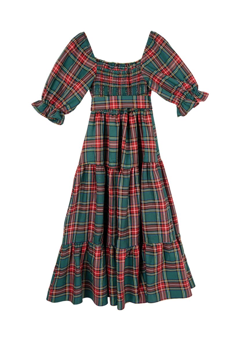 Girls 7-16 Woven Christmas Plaid Printed Smocked Maxi Dress