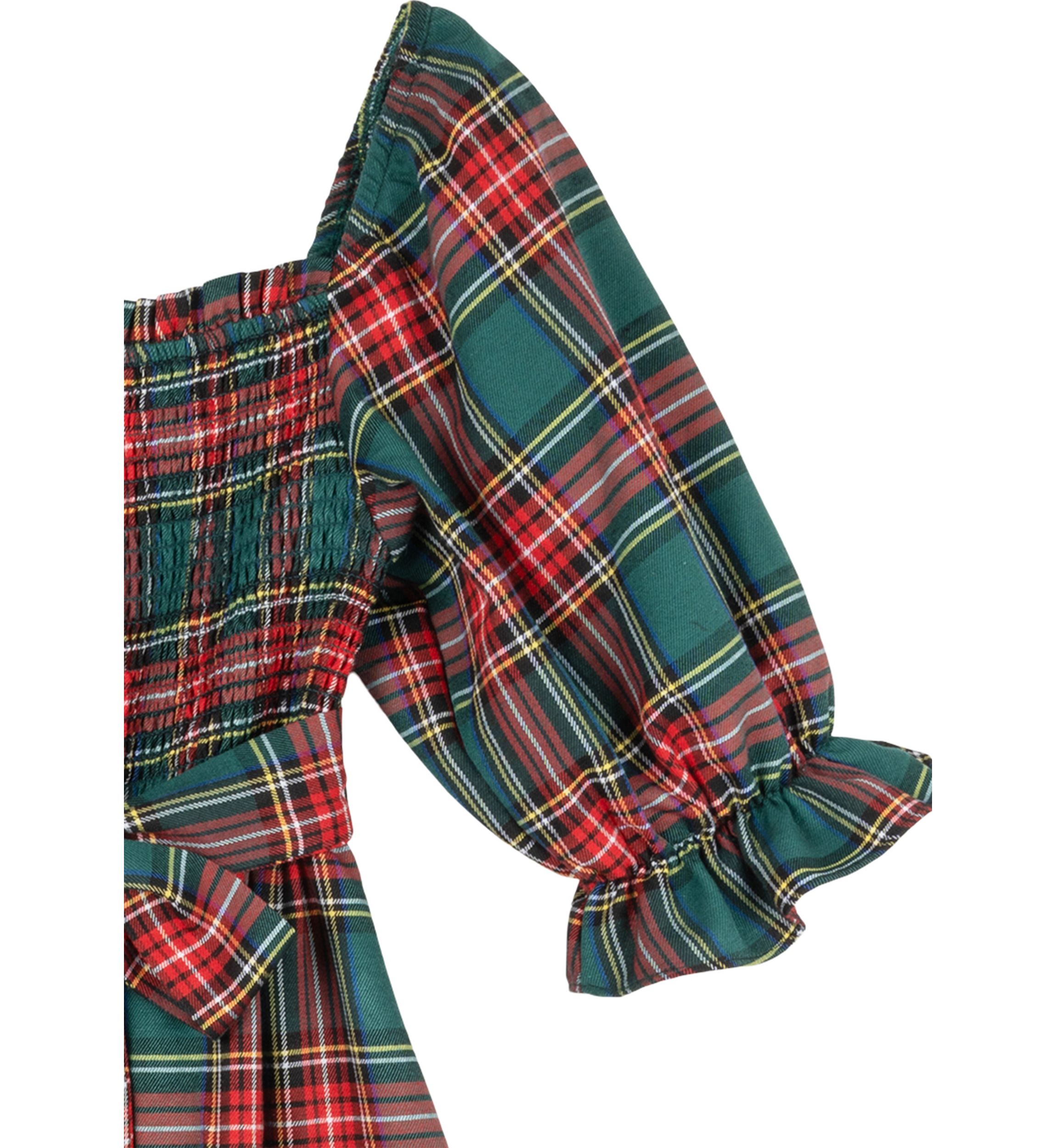 Girls 7-16 Woven Christmas Plaid Printed Smocked Maxi Dress