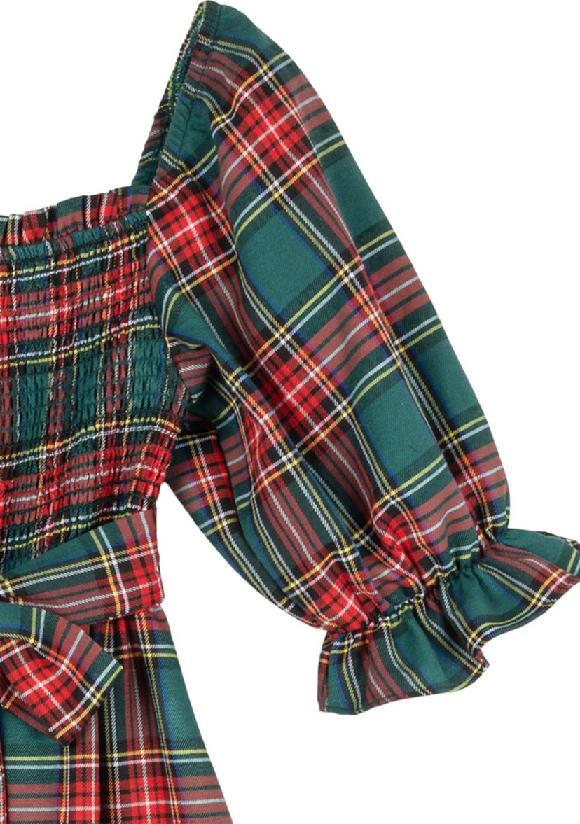 Girls 7-16 Woven Christmas Plaid Printed Smocked Maxi Dress