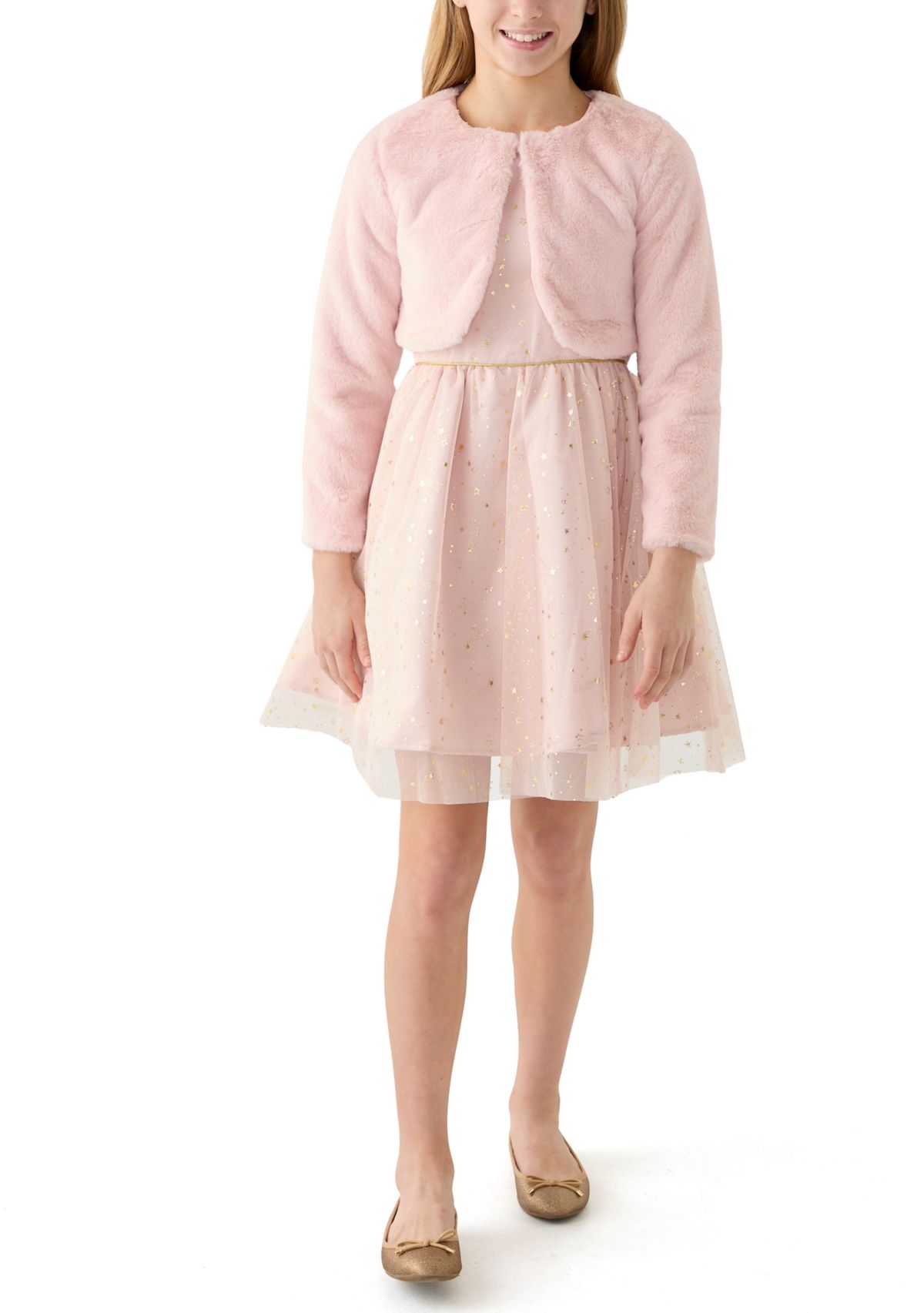 Girls 7-16 Foil Stars Mesh Dress with Fur Jacket
