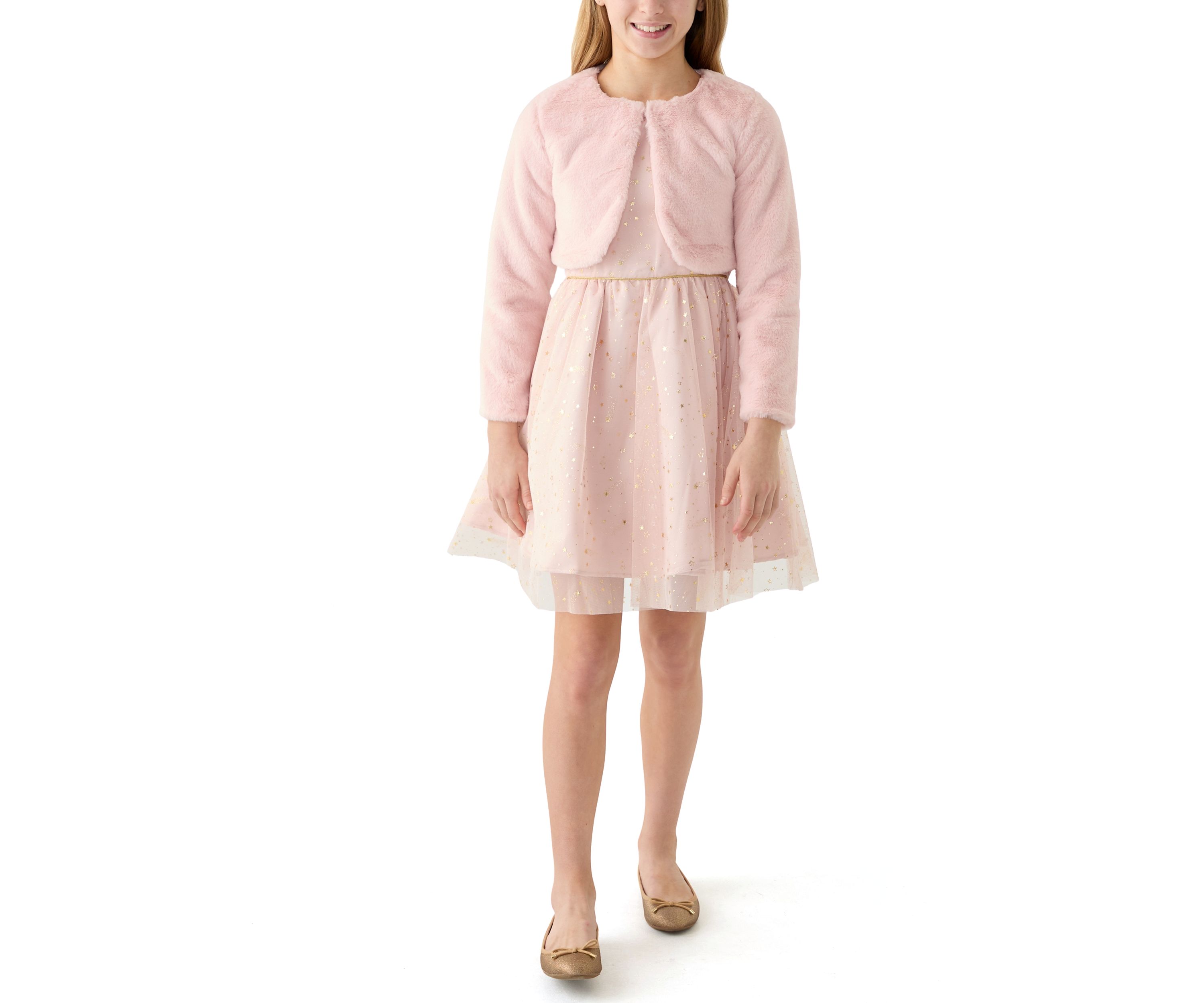 Girls 7-16 Foil Stars Mesh Dress with Fur Jacket