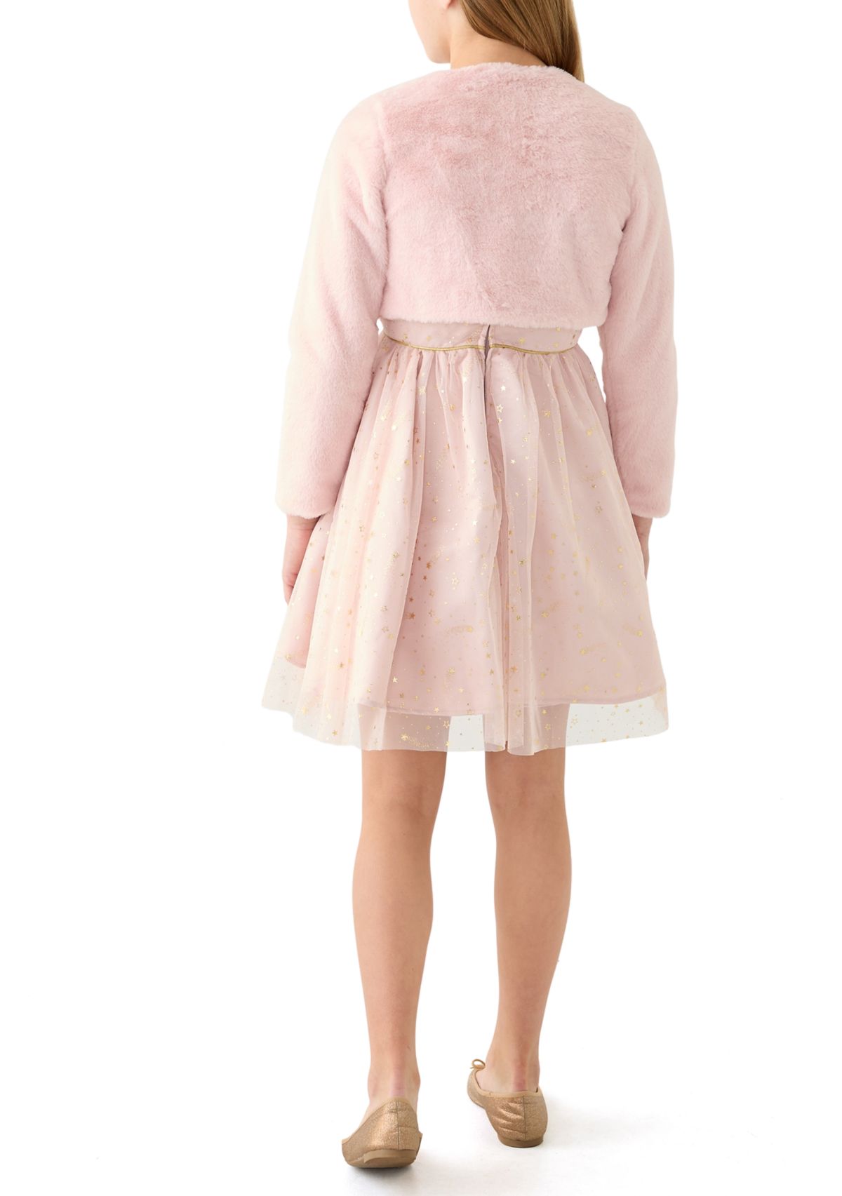 Girls 7-16 Foil Stars Mesh Dress with Fur Jacket