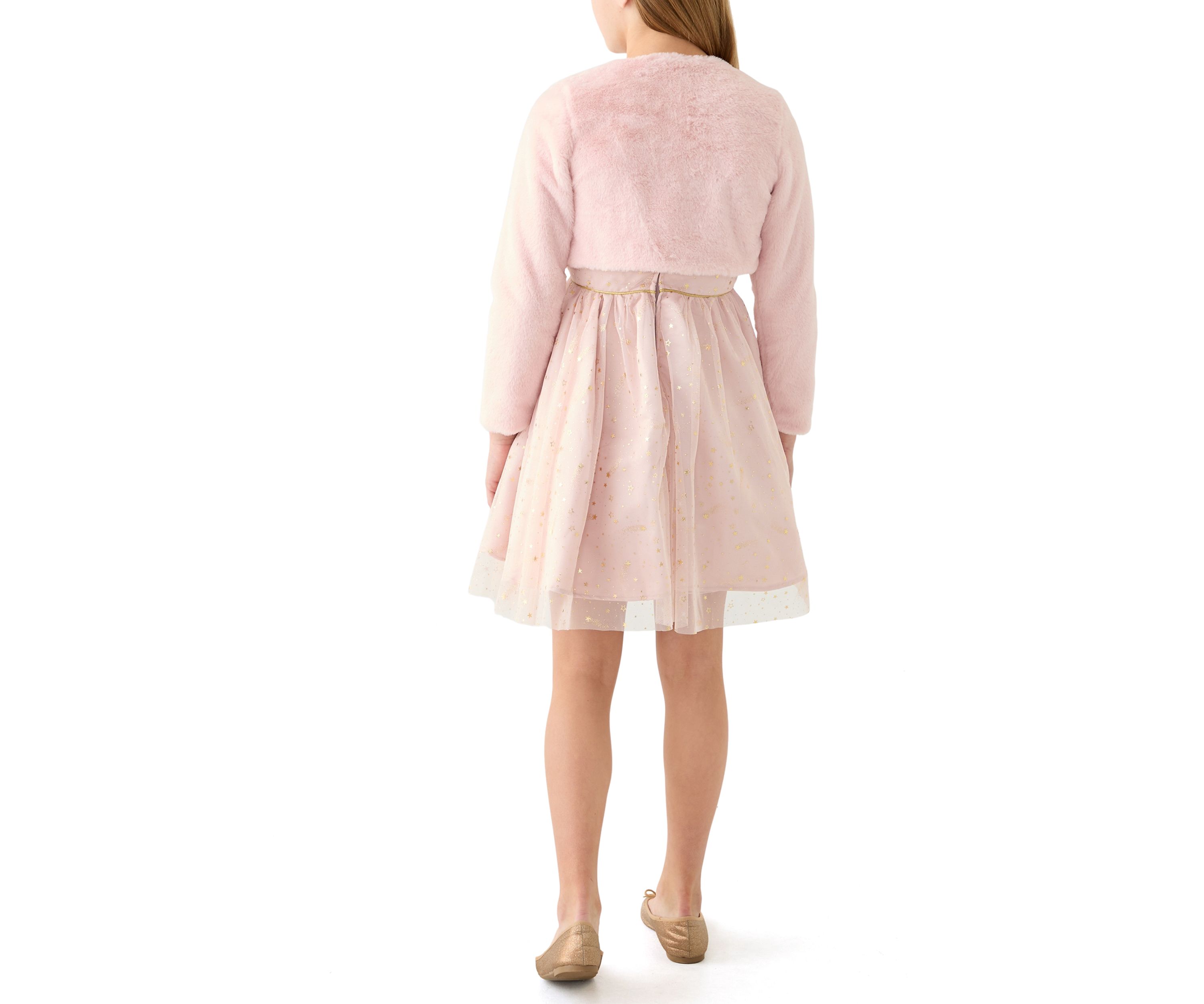 Girls 7-16 Foil Stars Mesh Dress with Fur Jacket