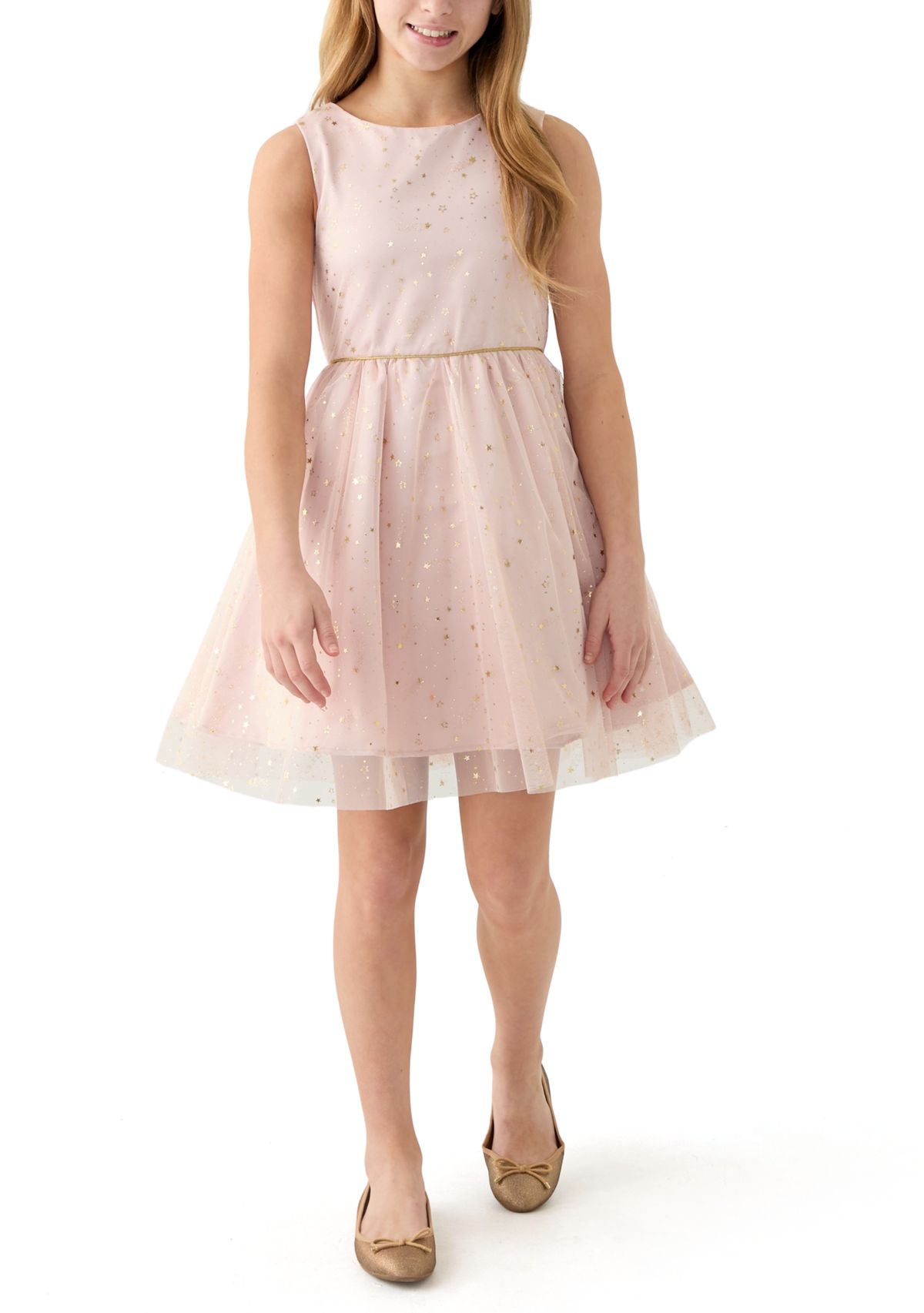 Girls 7-16 Foil Stars Mesh Dress with Fur Jacket