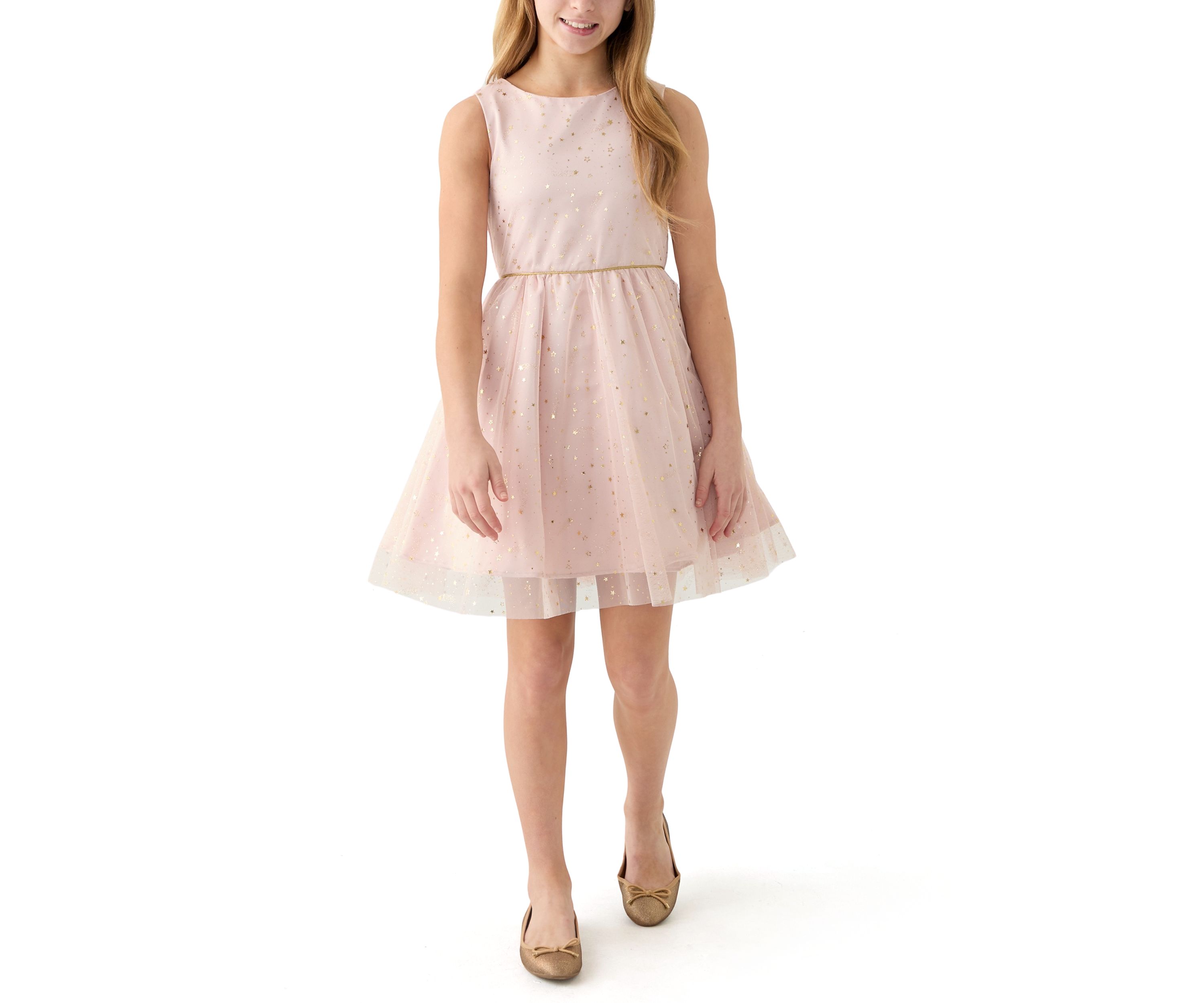 Girls 7-16 Foil Stars Mesh Dress with Fur Jacket