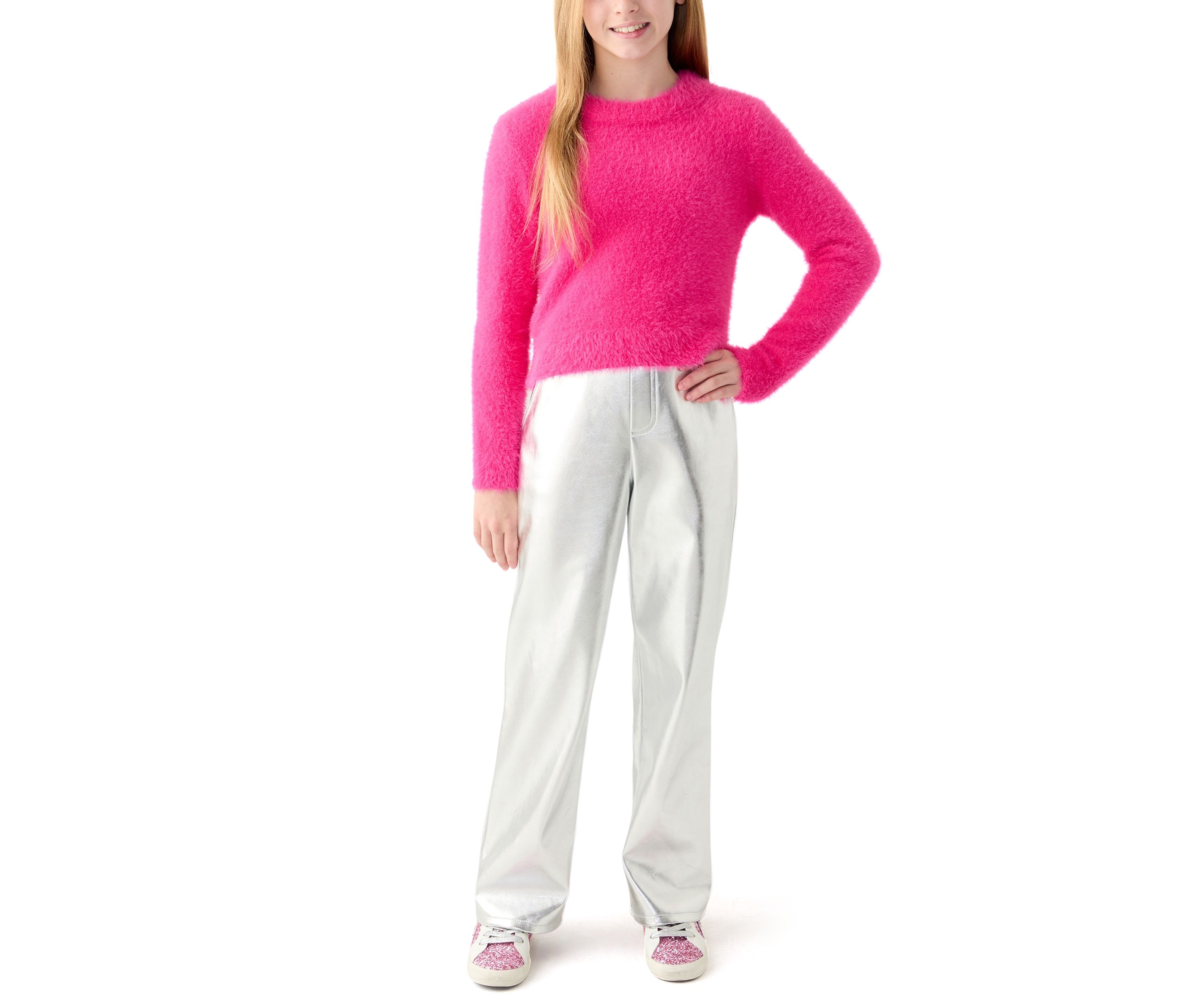 Girls 7-16 Fuzzy Sweater and Metallic Pleather Pants Set