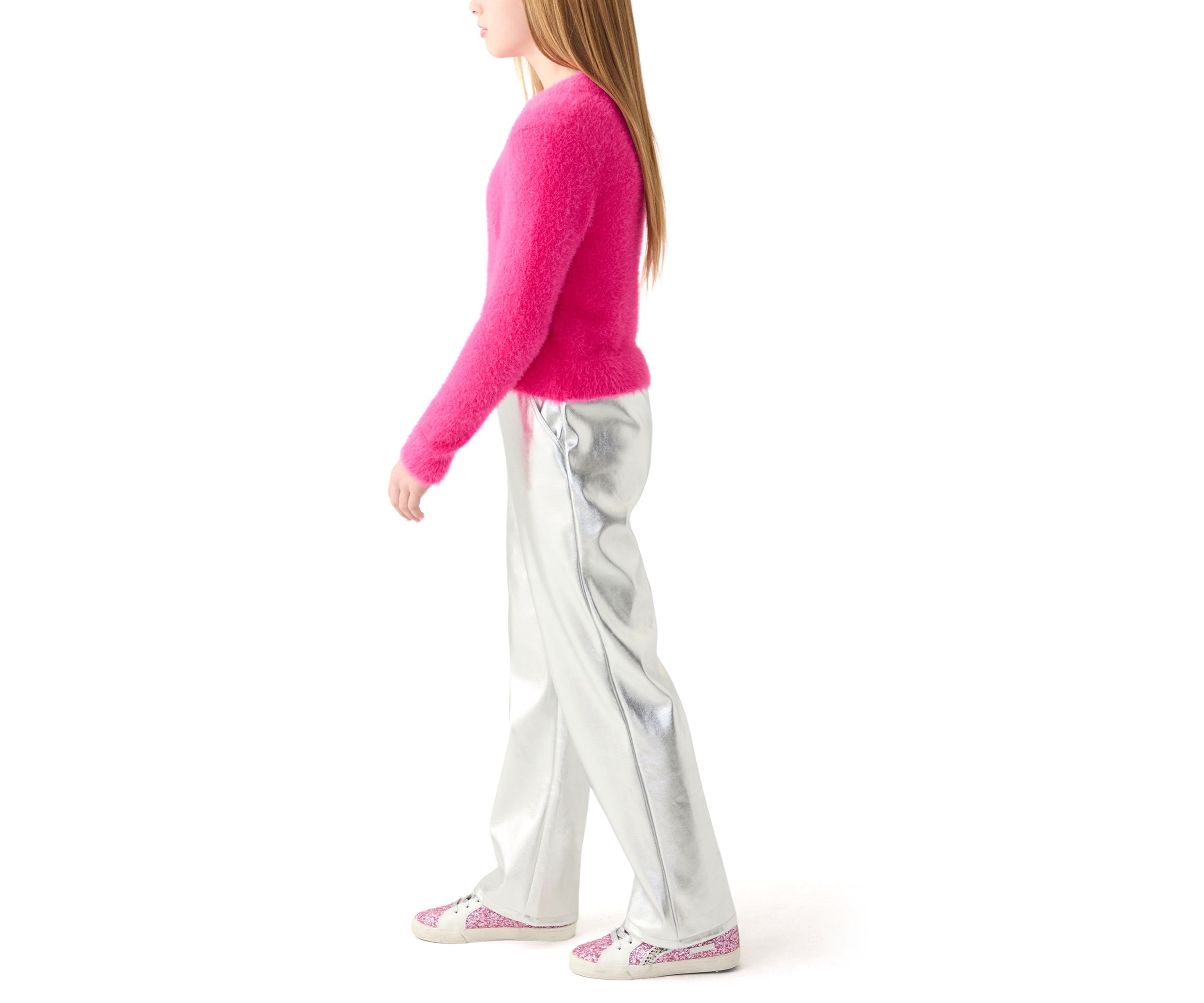 Girls 7-16 Fuzzy Sweater and Metallic Pleather Pants Set