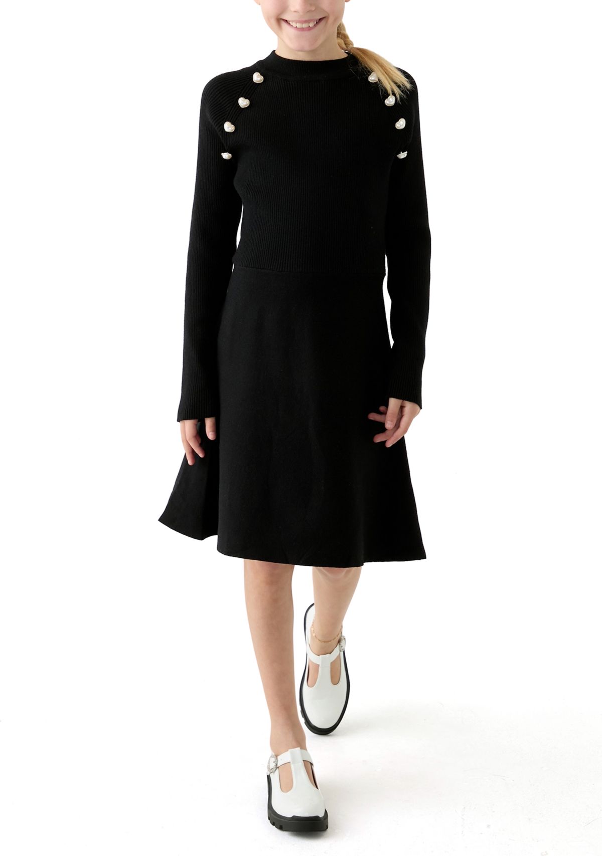 Girls 7-16 Pearl Shoulder Sweater Knit Dress