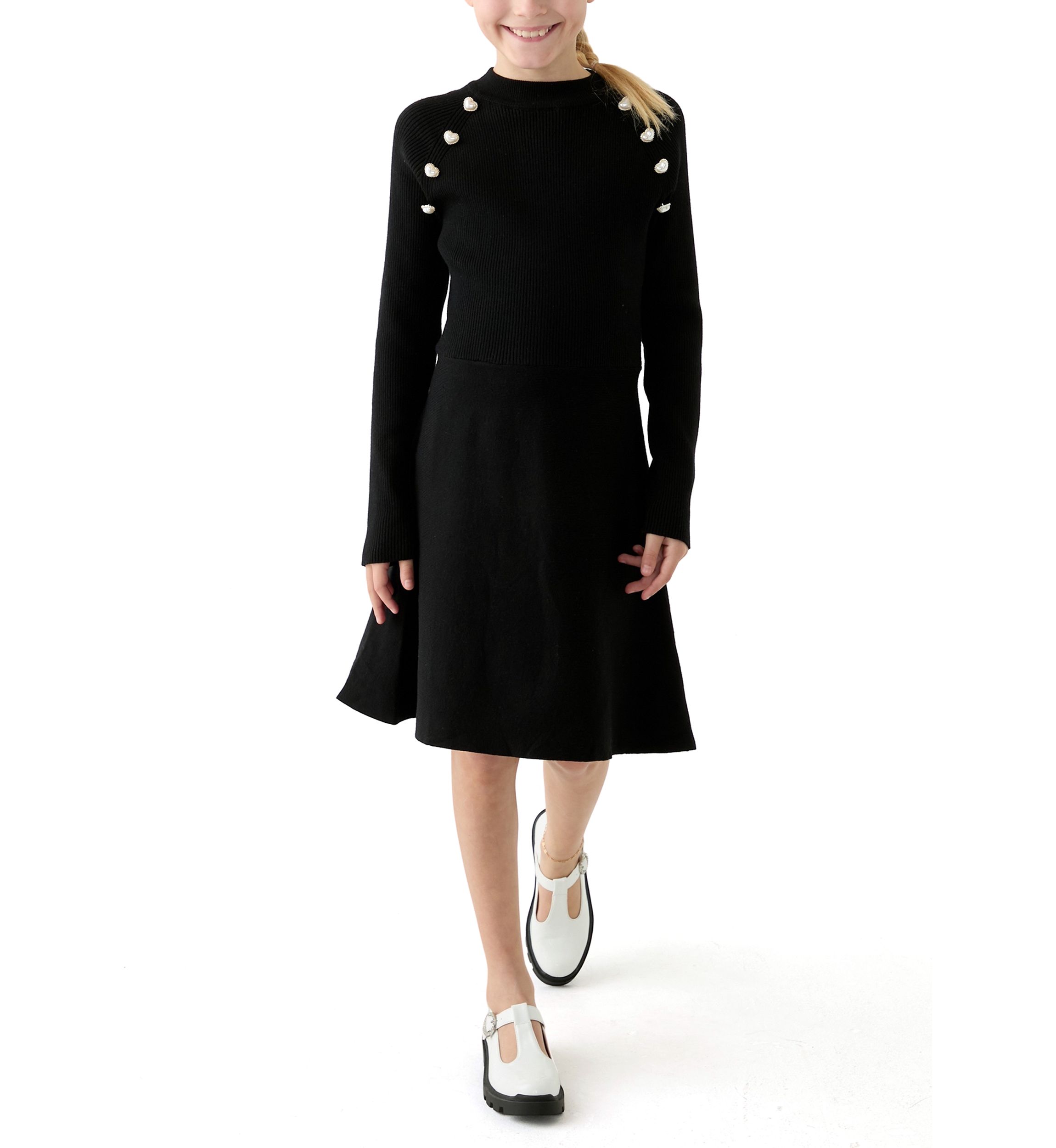 Girls 7-16 Pearl Shoulder Sweater Knit Dress