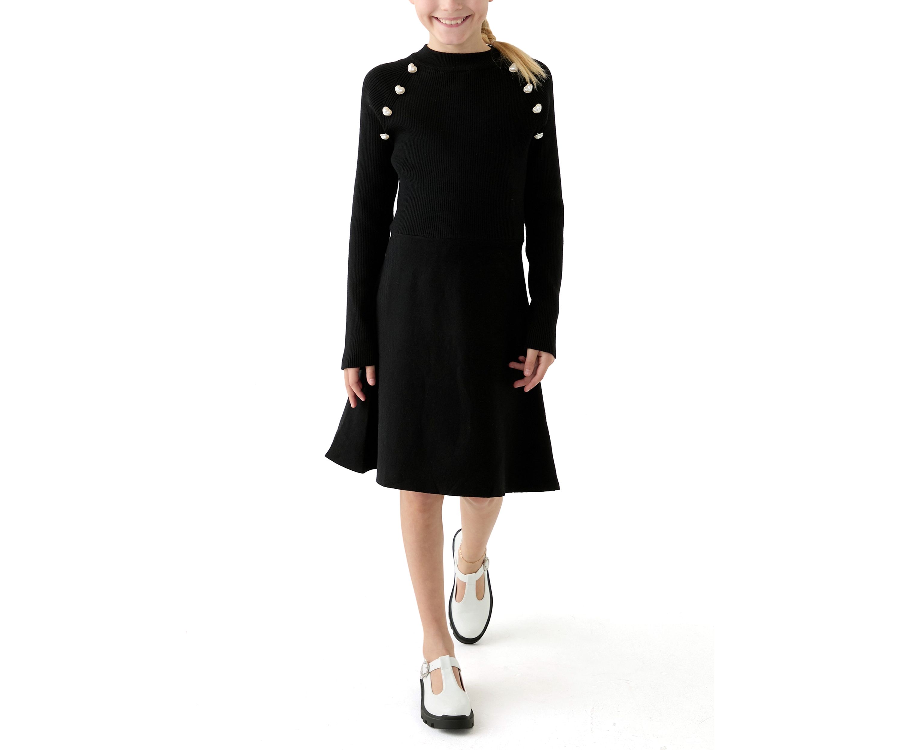 Girls 7-16 Pearl Shoulder Sweater Knit Dress