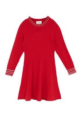 Rare Editions Girls 7-16 Long Sleeve Pearl Neck Sweater Dress, Red, 8