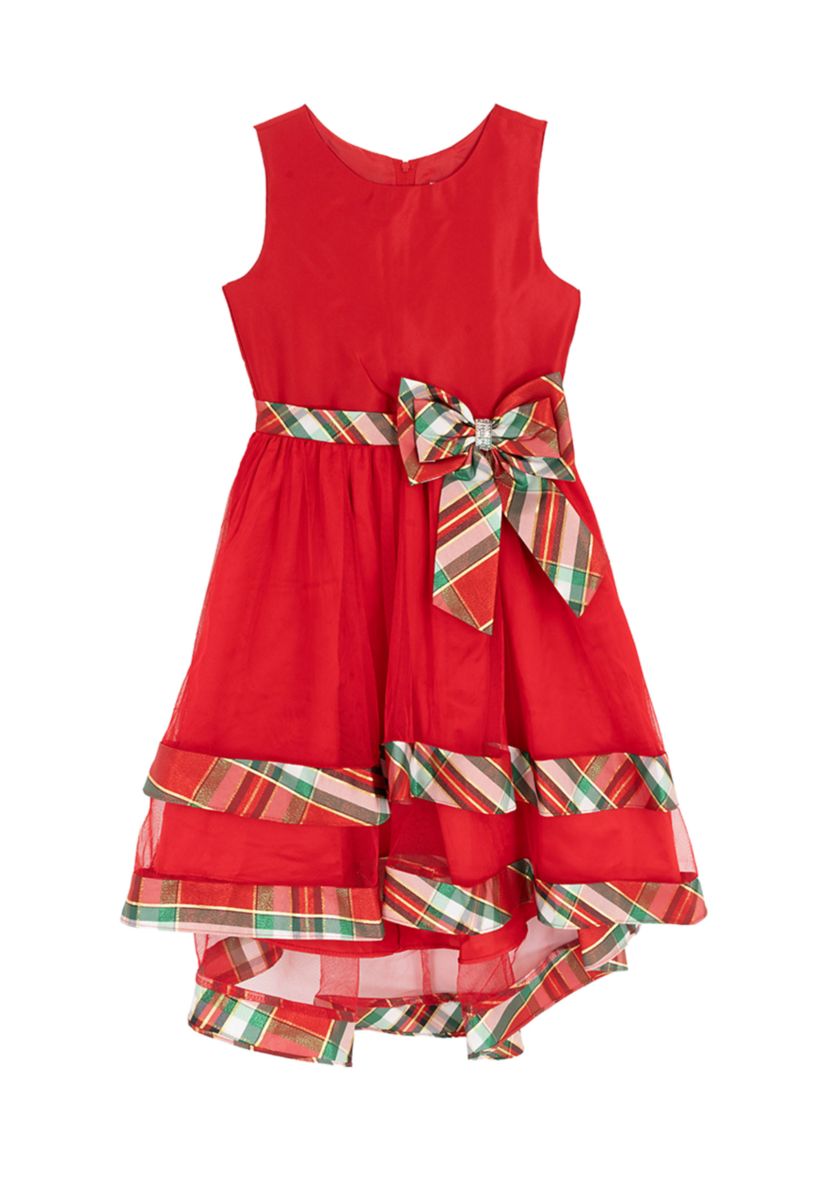 Girls 7-16 Sleeveless Mesh Hi Low Dress with Plaid Trim 