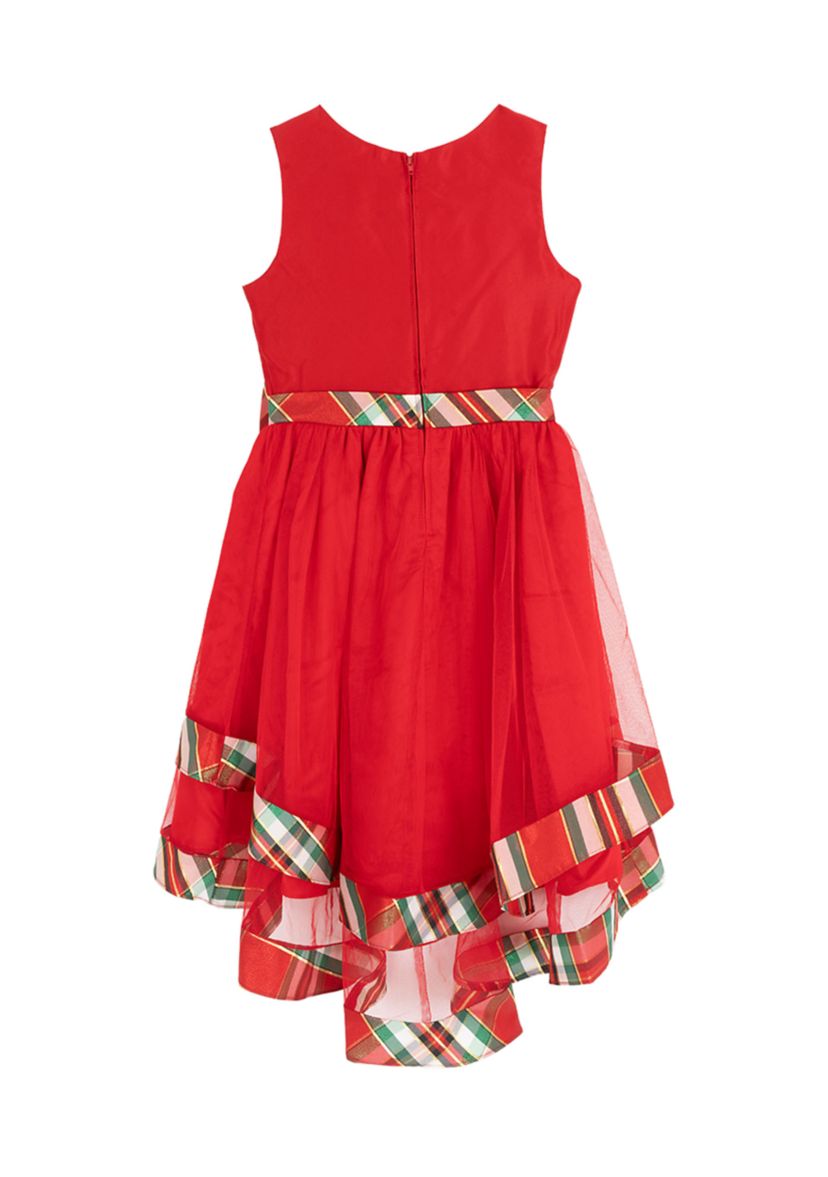 Girls 7-16 Sleeveless Mesh Hi Low Dress with Plaid Trim 