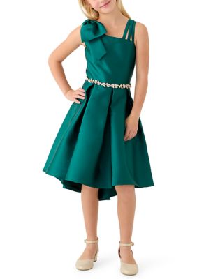 Rare Editions Girls 7-16 Green Mikado Asymmetrical Bow Shoulder Dress