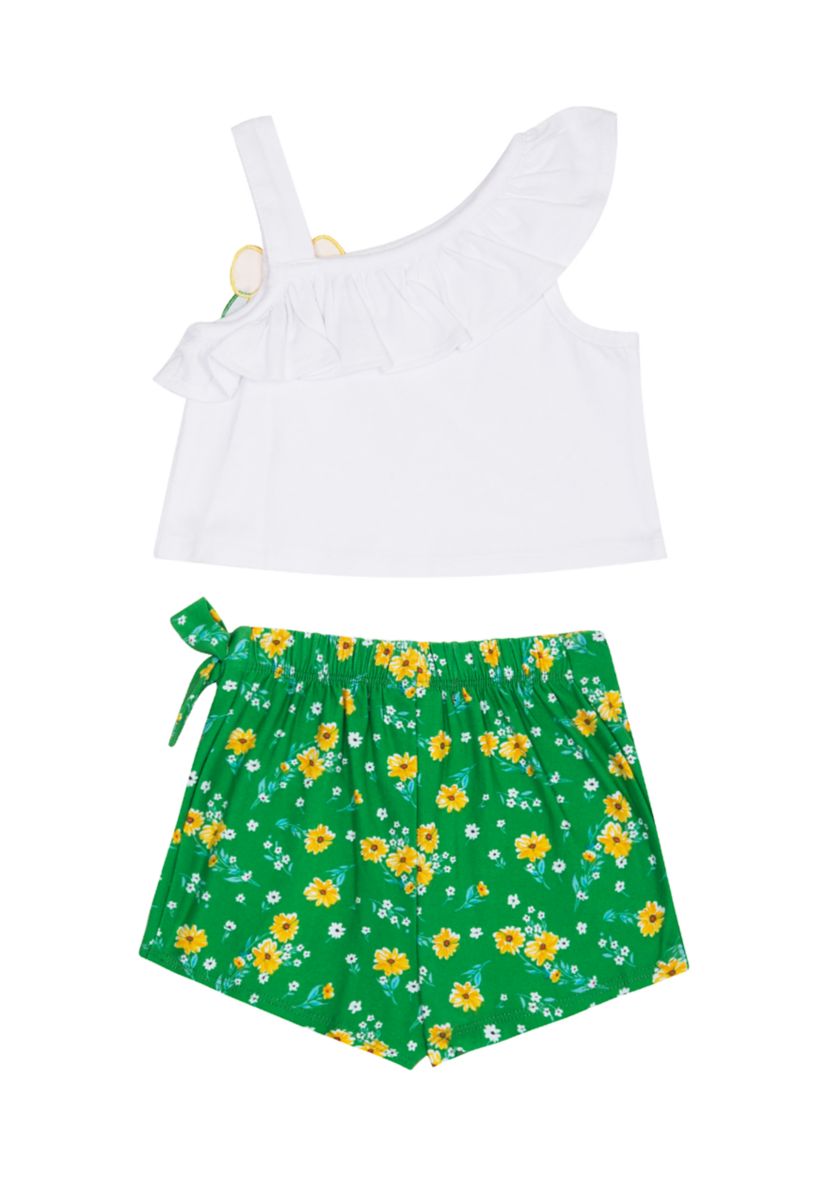 Girls 4-6x Jersey Knit Ruffle Top with Flower Appliqué and Printed Knit Skort Set