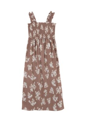 Rare Editions Girls 4-6x Floral Print Smocked Maxi Dress, Brown
