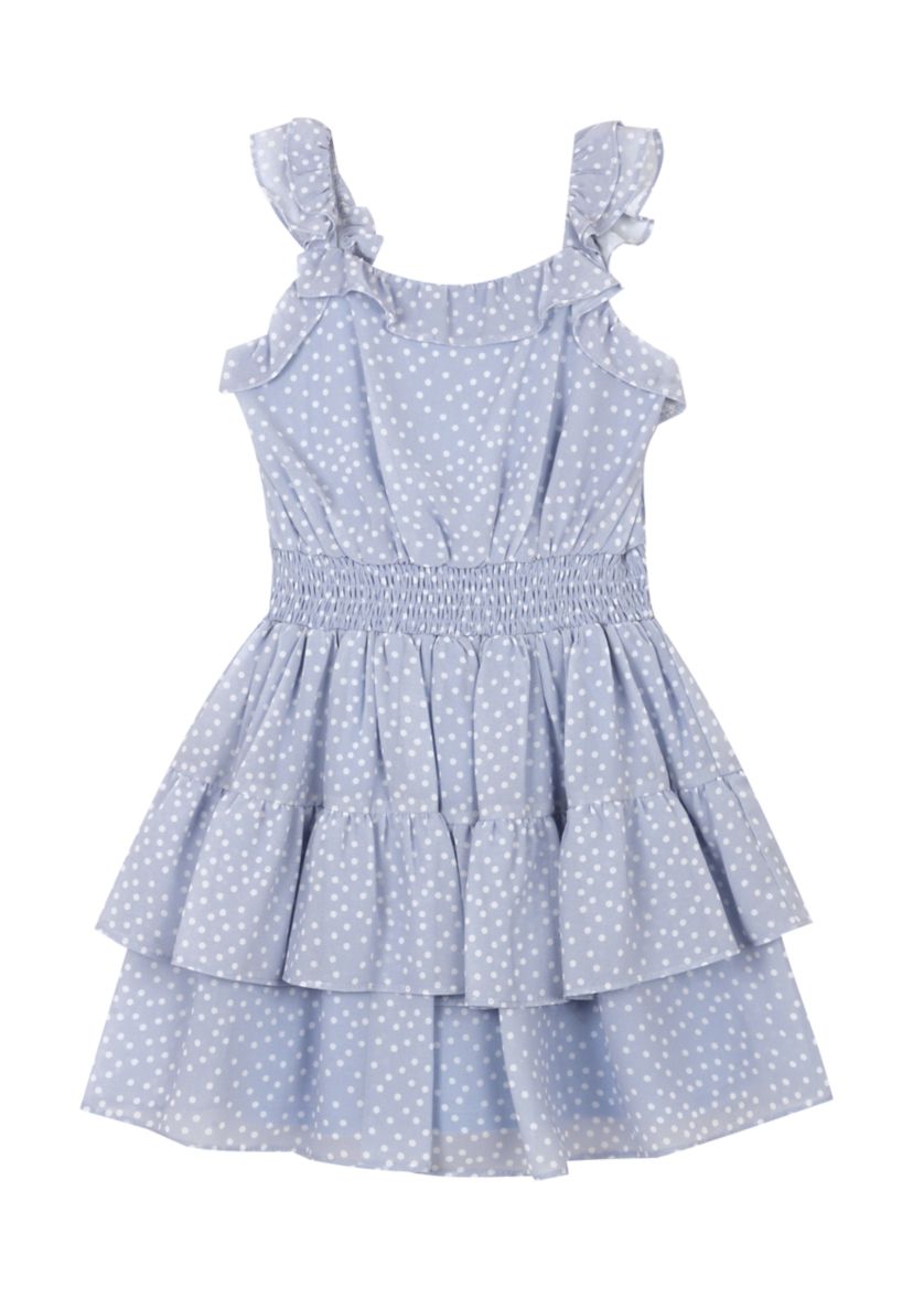 Girls 4-6x Dot Printed Chiffon Ruffle Sleeve Dress with Smocked Waist