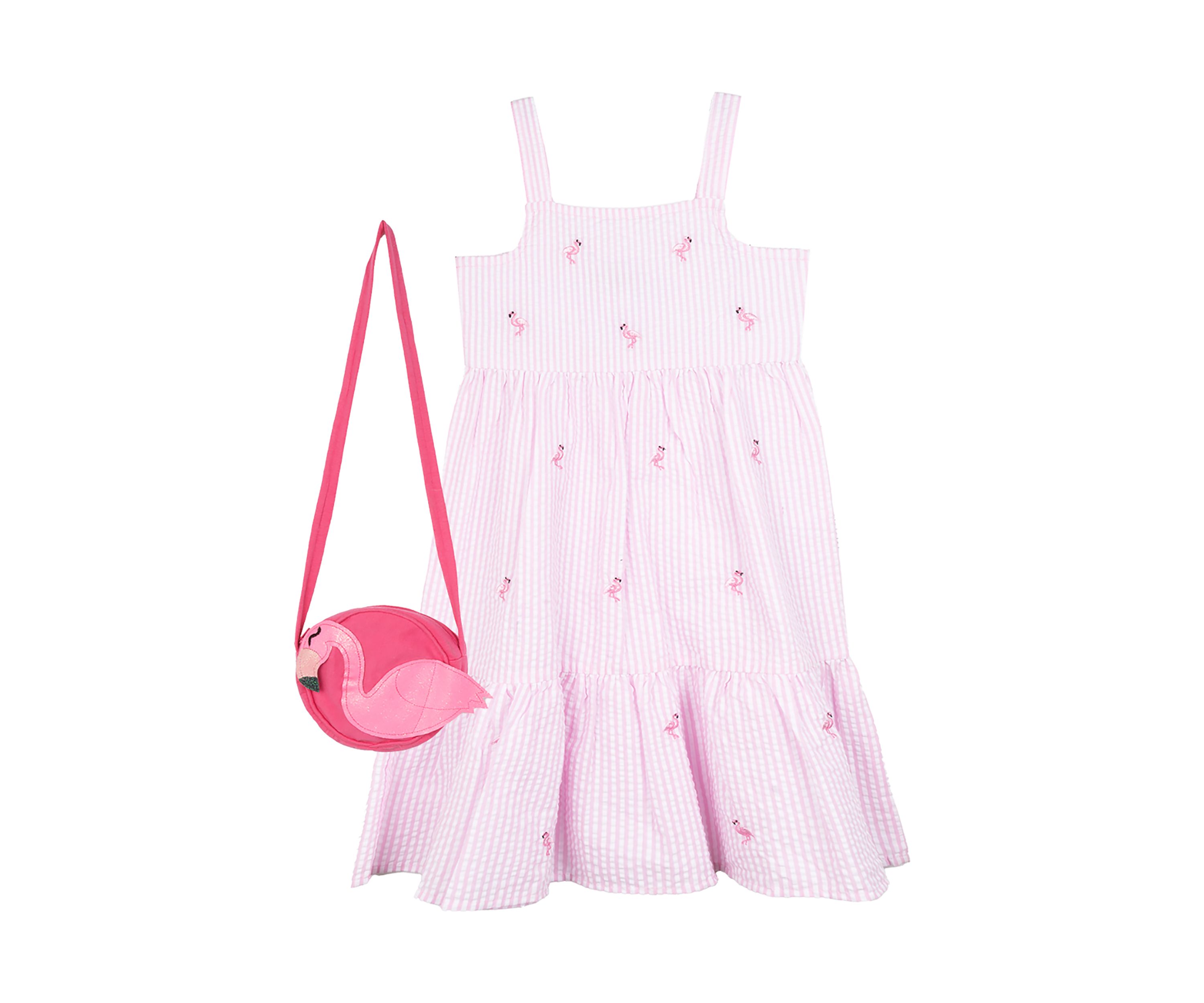 Girls 4-6x Flamingo Appliqué Seersucker Maxi Dress with Bag