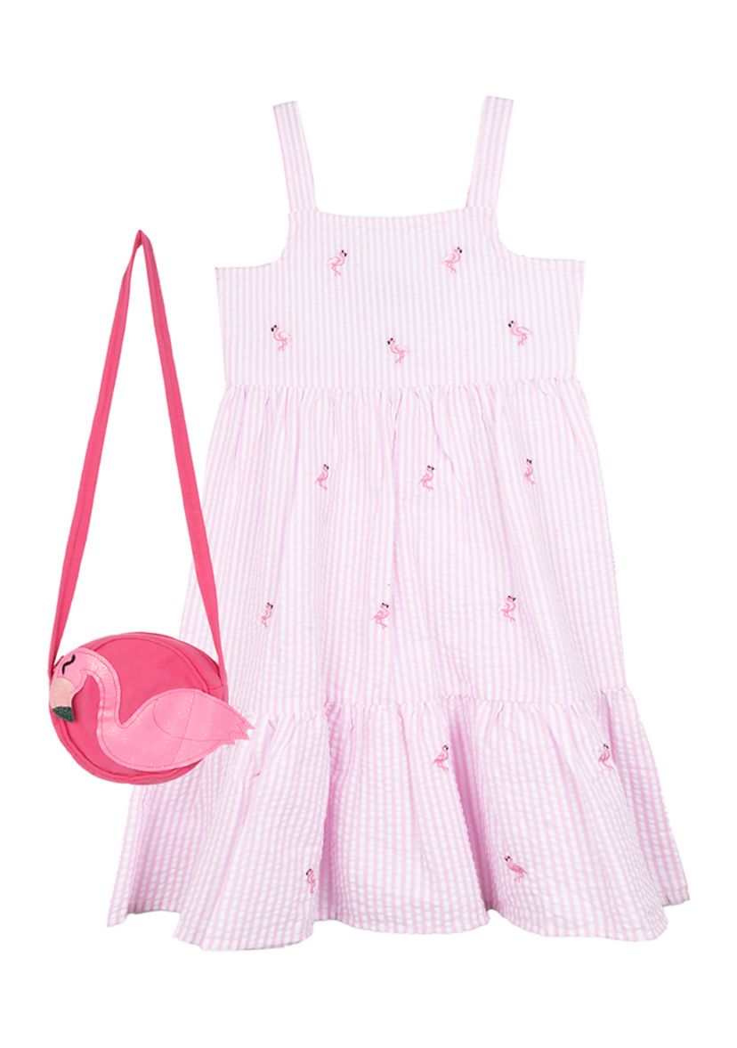 Girls 4-6x Flamingo Appliqué Seersucker Maxi Dress with Bag